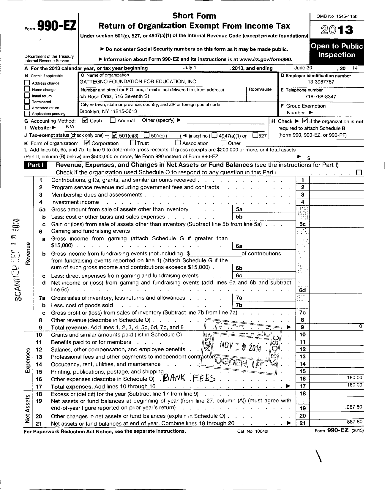 Image of first page of 2013 Form 990EZ for Gattegno Foundation for Education