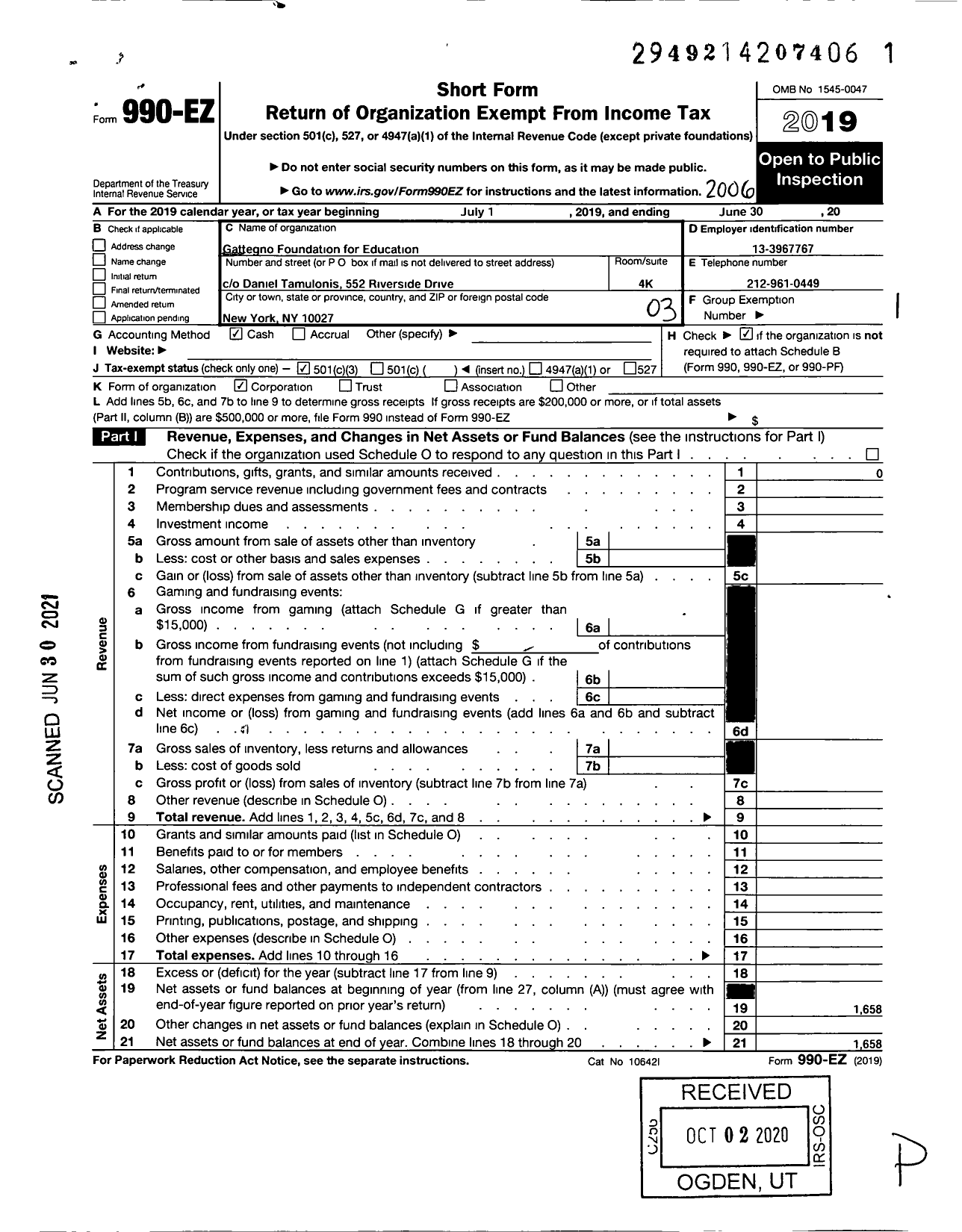 Image of first page of 2019 Form 990EZ for Gattegno Foundation for Education