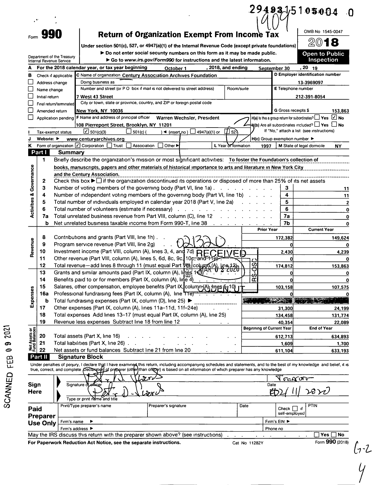 Image of first page of 2018 Form 990 for Century Association Archives Foundation