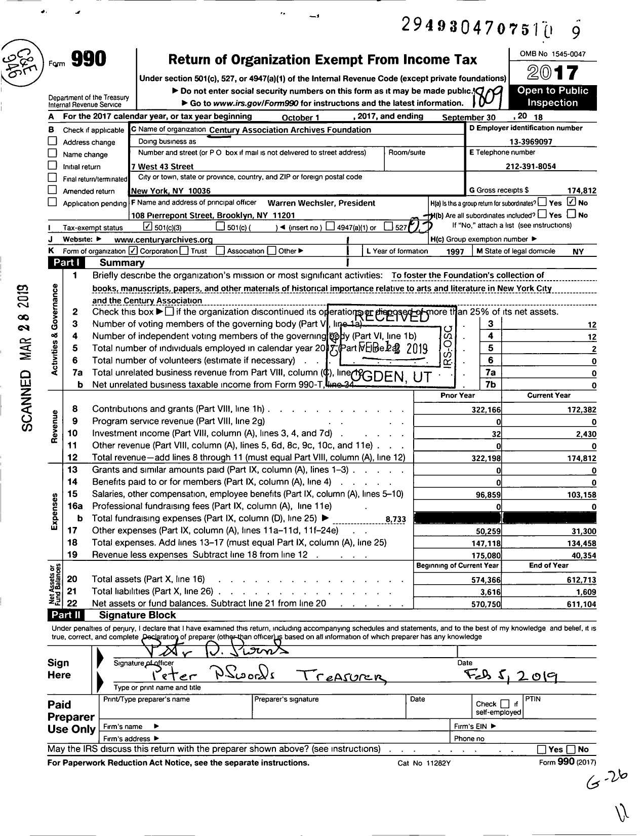 Image of first page of 2017 Form 990 for Century Association Archives Foundation