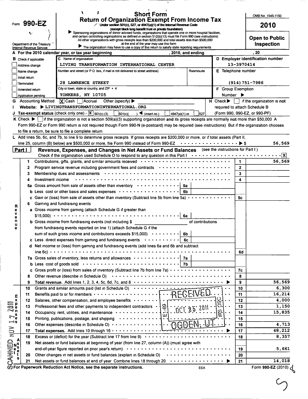 Image of first page of 2010 Form 990EZ for Living Transformation International Center