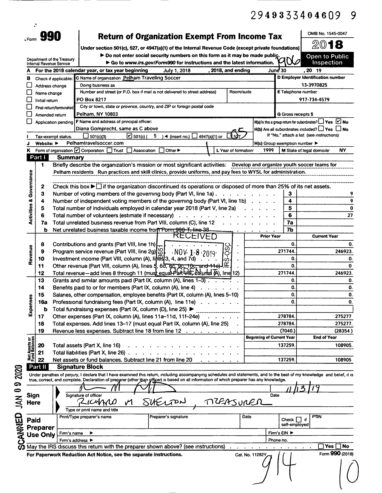 Image of first page of 2018 Form 990O for Pelham Travelling Soccer Pelham Travelling Soccer