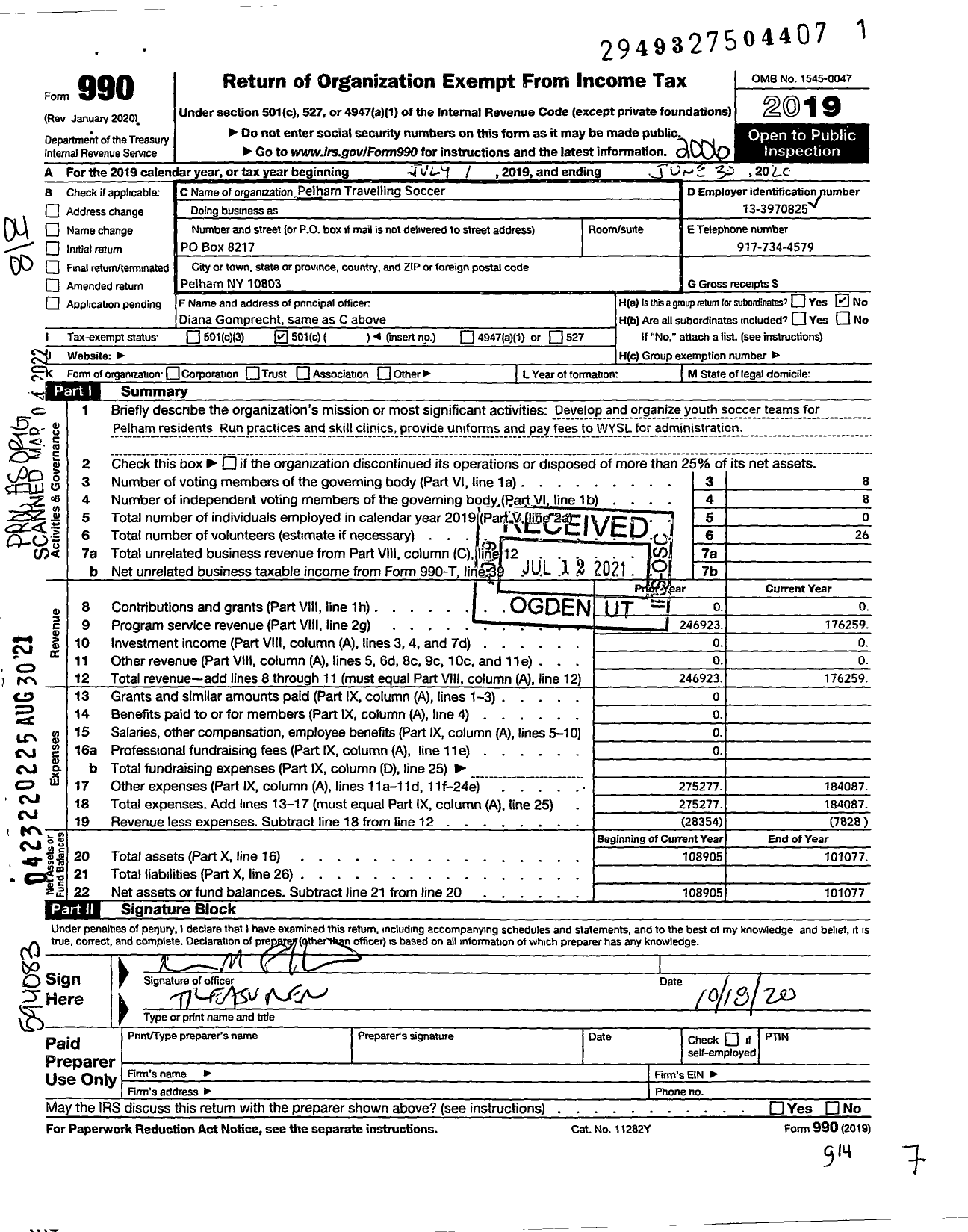 Image of first page of 2019 Form 990O for Pelham Travelling Soccer Pelham Travelling Soccer