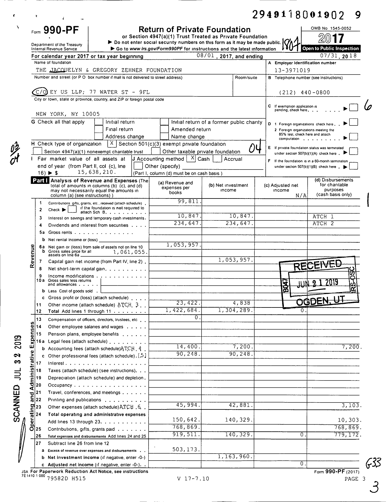 Image of first page of 2017 Form 990PF for The Jacquelyn and Gregory Zehner Foundation