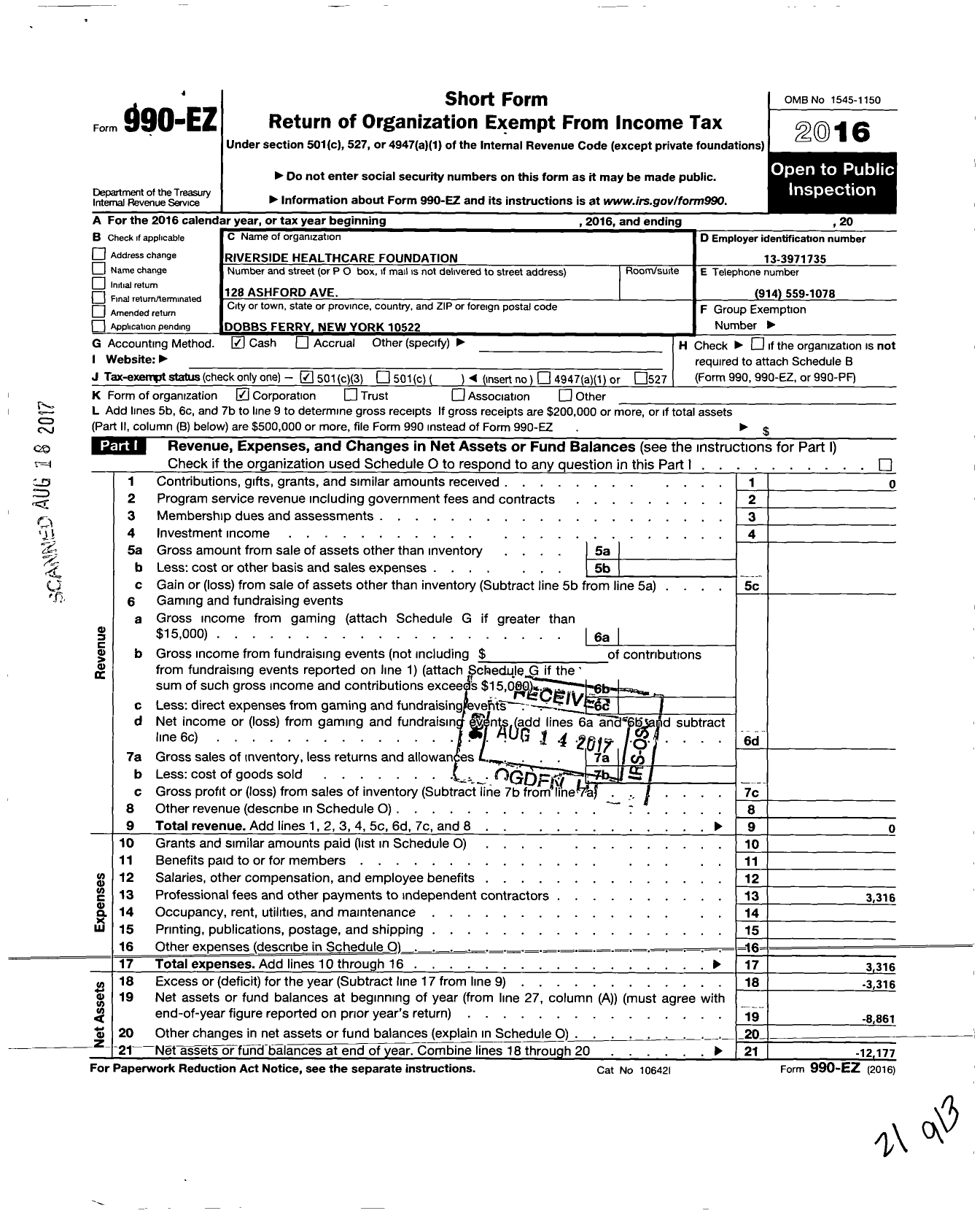 Image of first page of 2016 Form 990EZ for Riverside Healthcare Care Foundation