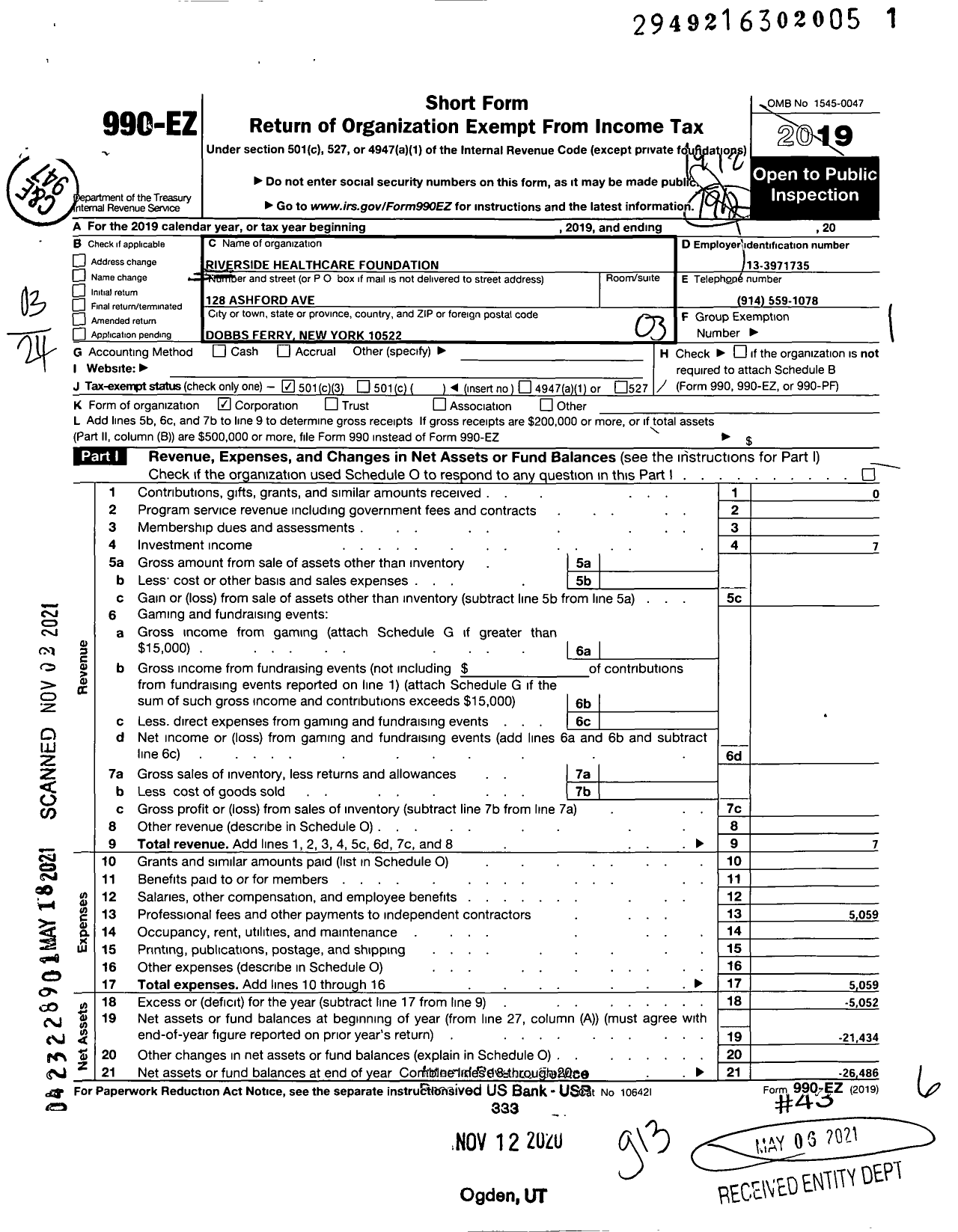 Image of first page of 2019 Form 990EZ for Riverside Healthcare Care Foundation