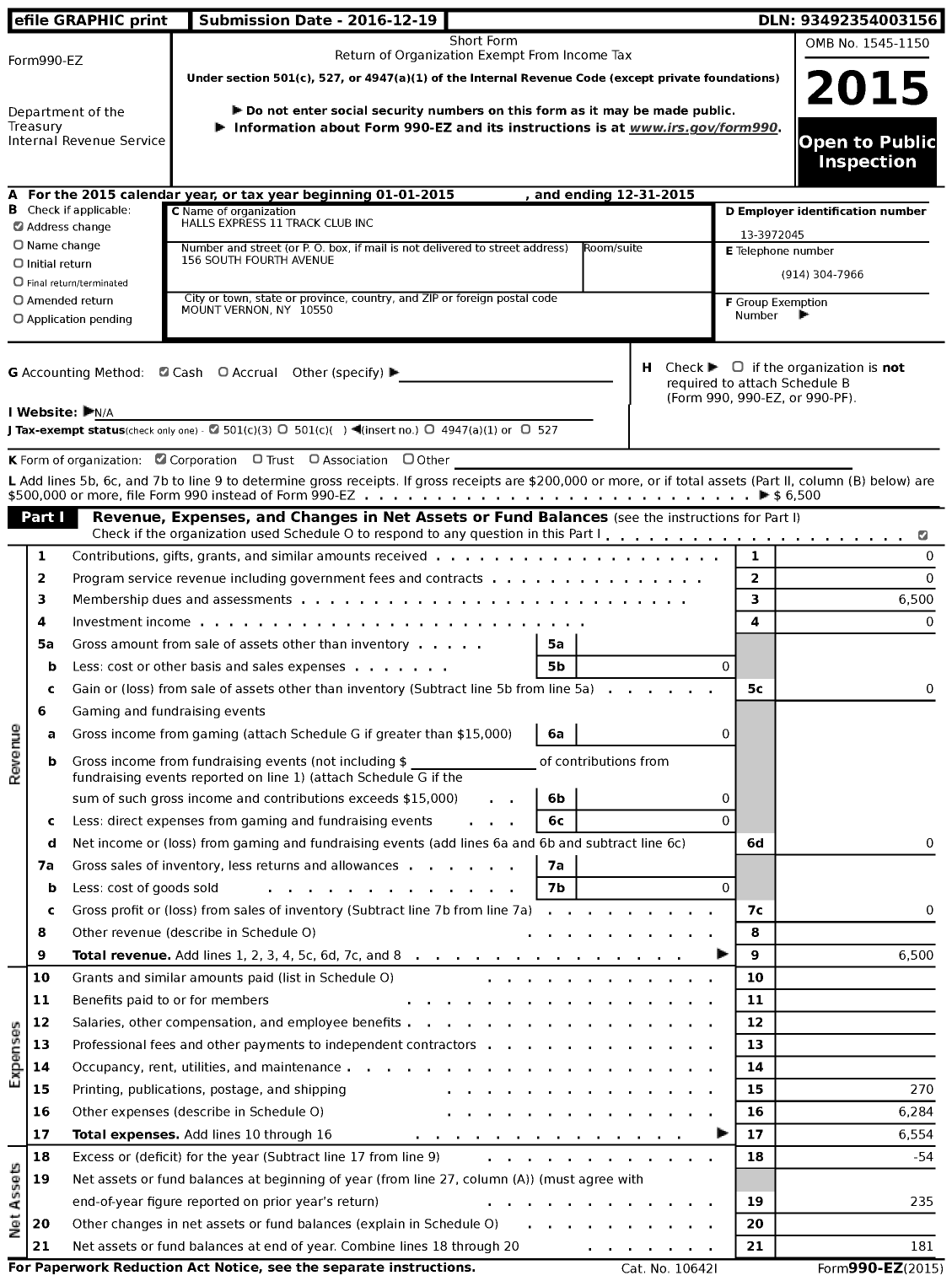 Image of first page of 2015 Form 990EZ for Halls Express 11 Track Club