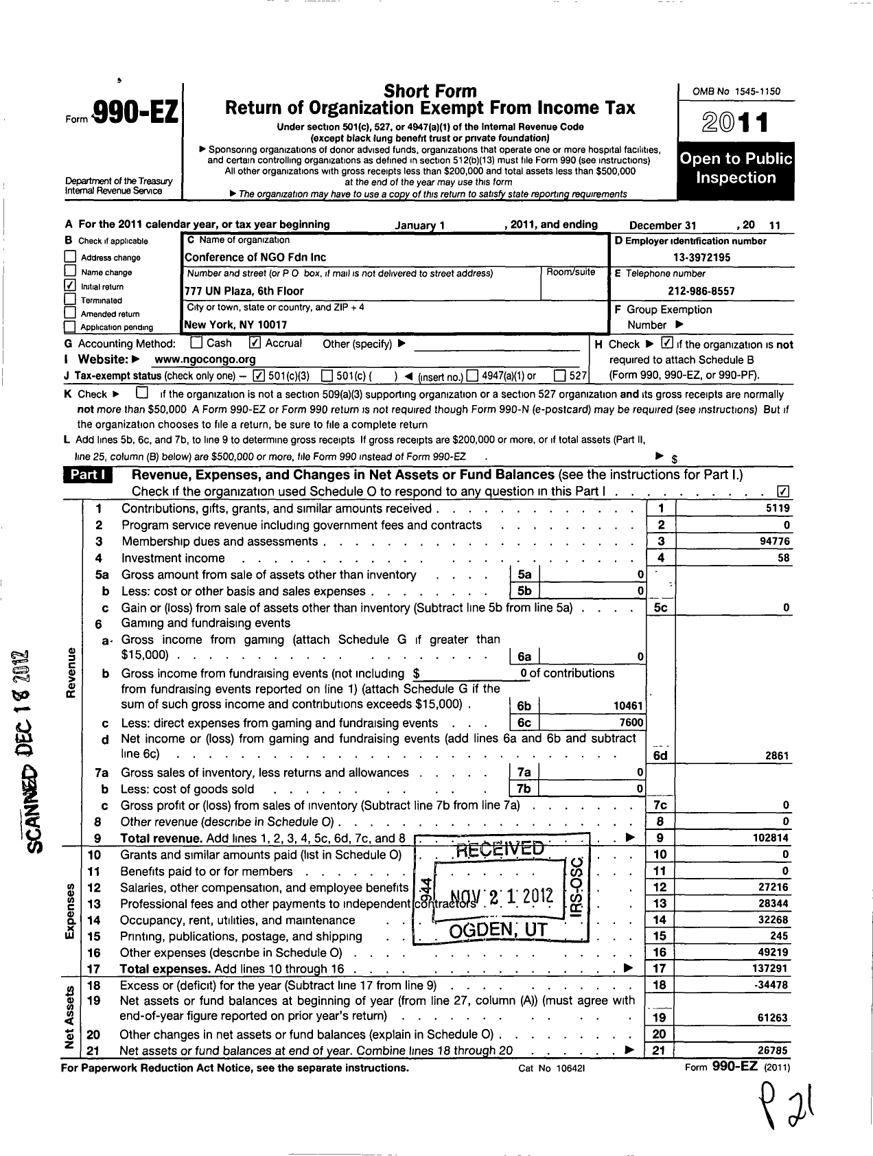 Image of first page of 2011 Form 990EZ for Conference of Non-Governmental Organizations Foundation