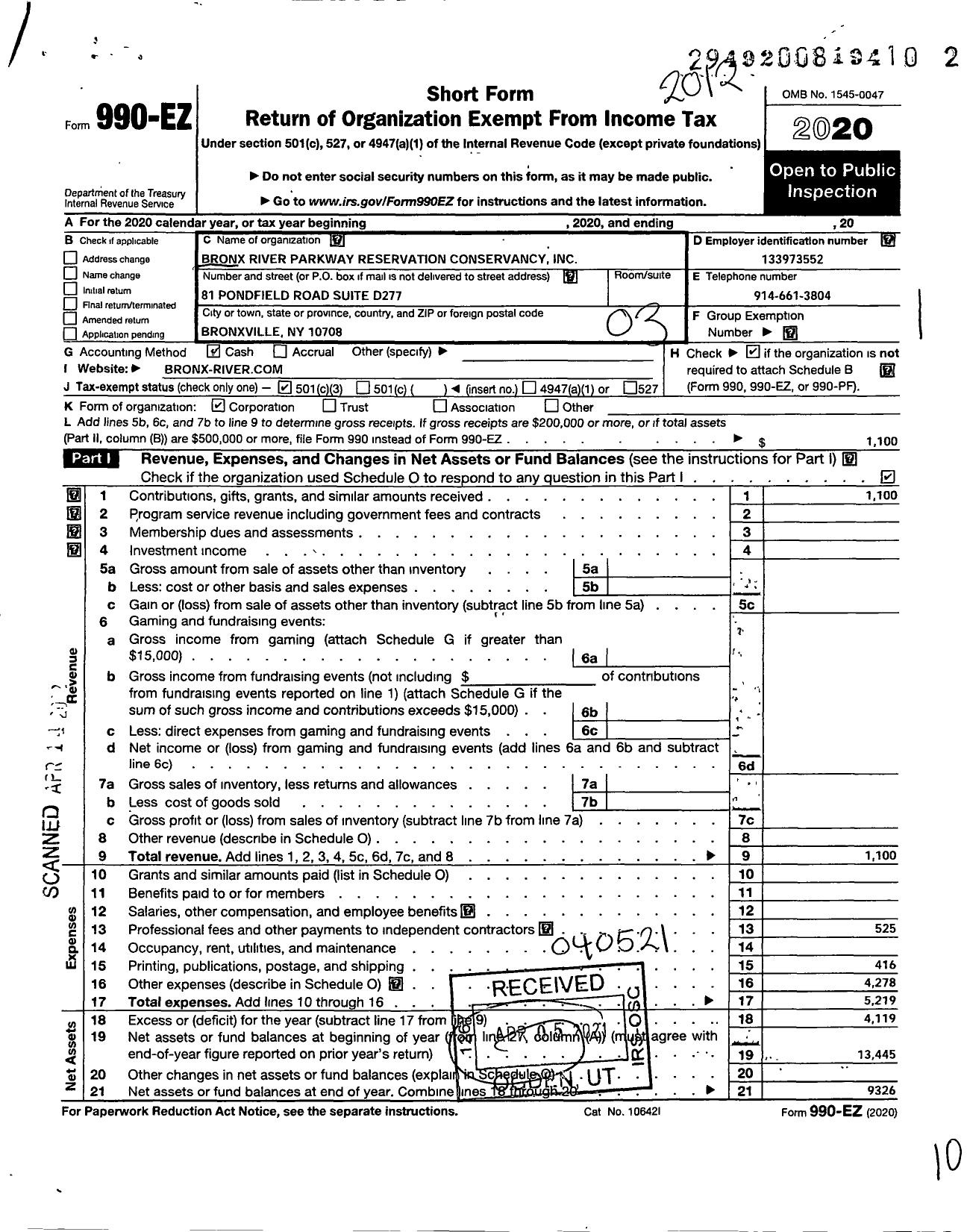 Image of first page of 2020 Form 990EZ for Bronx River Parkway Reservation Conservancy