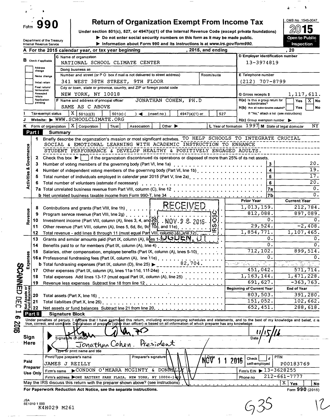 Image of first page of 2015 Form 990 for National School Climate Center
