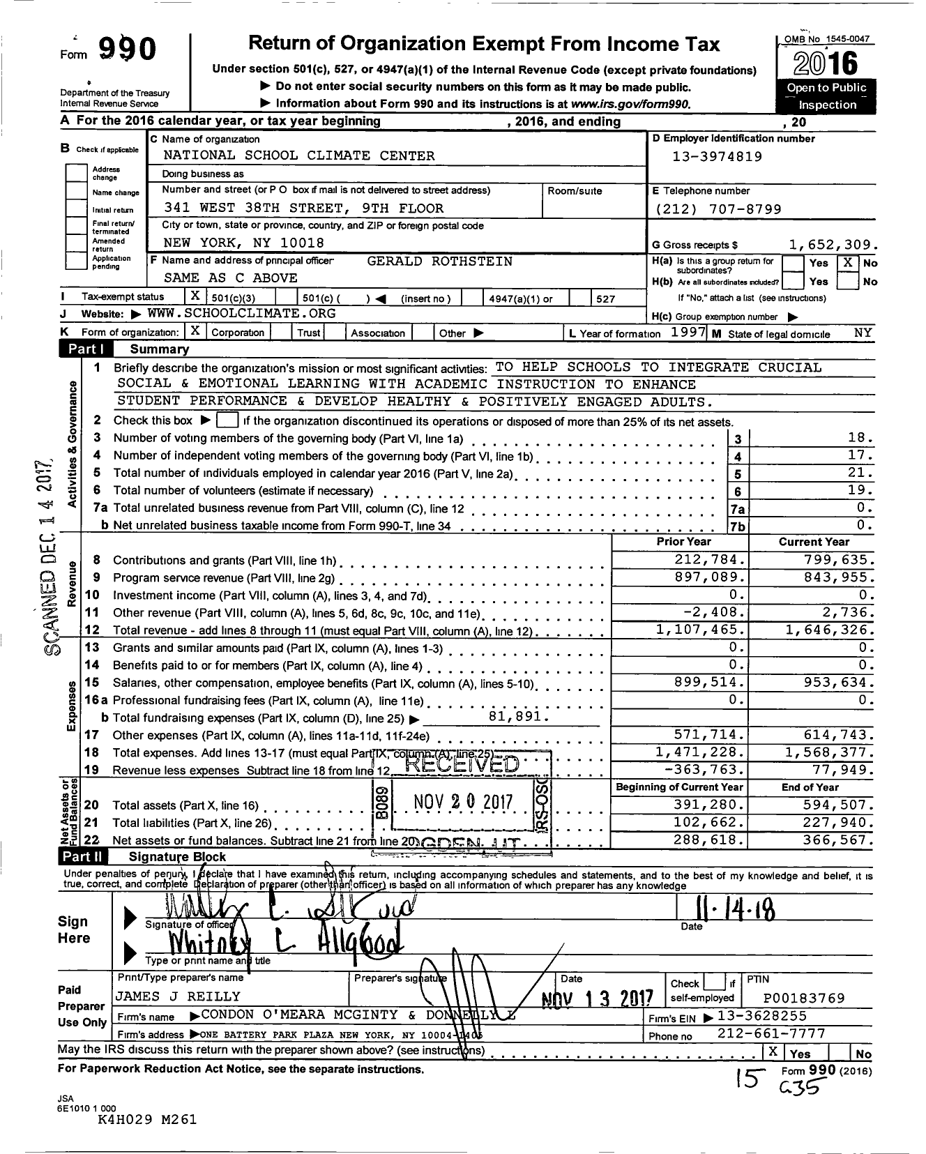 Image of first page of 2016 Form 990 for National School Climate Center