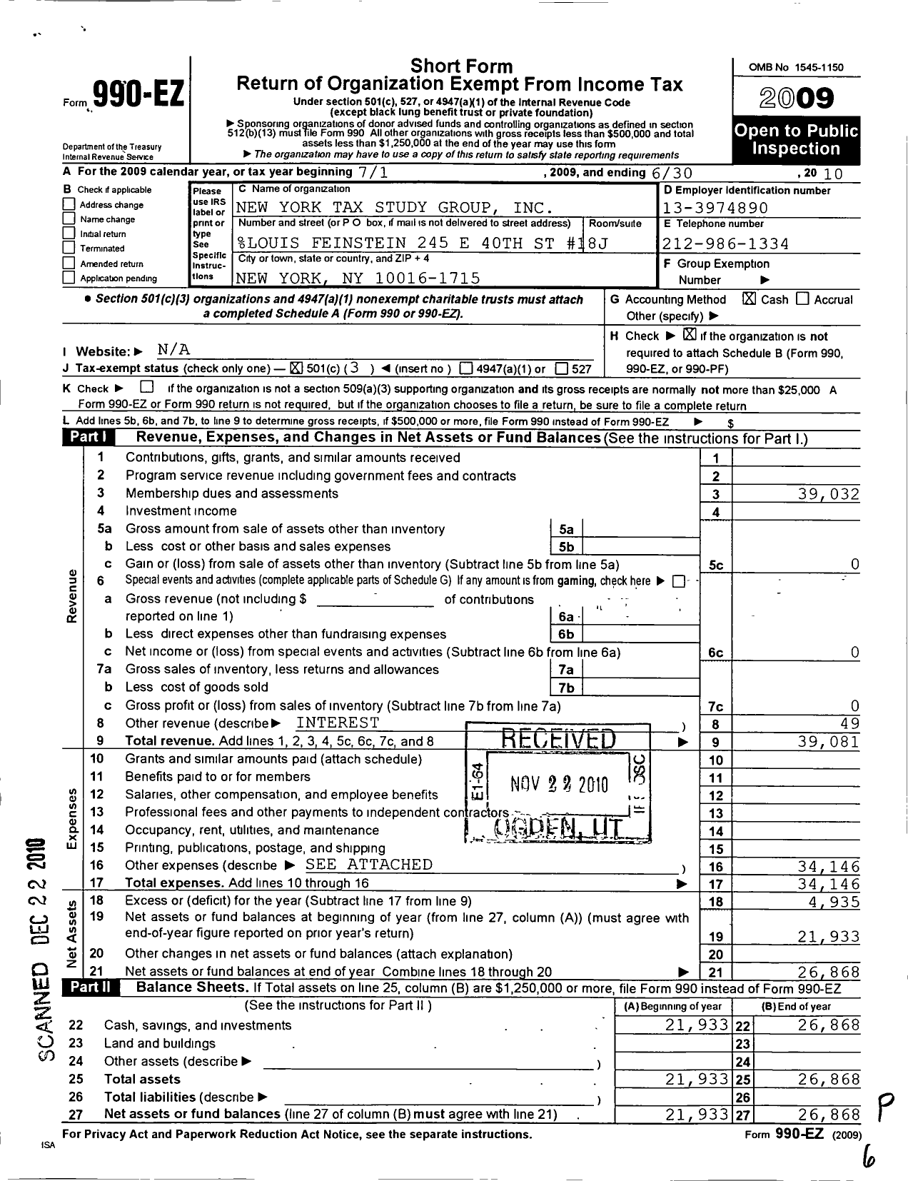 Image of first page of 2009 Form 990EZ for New York Tax Study Group