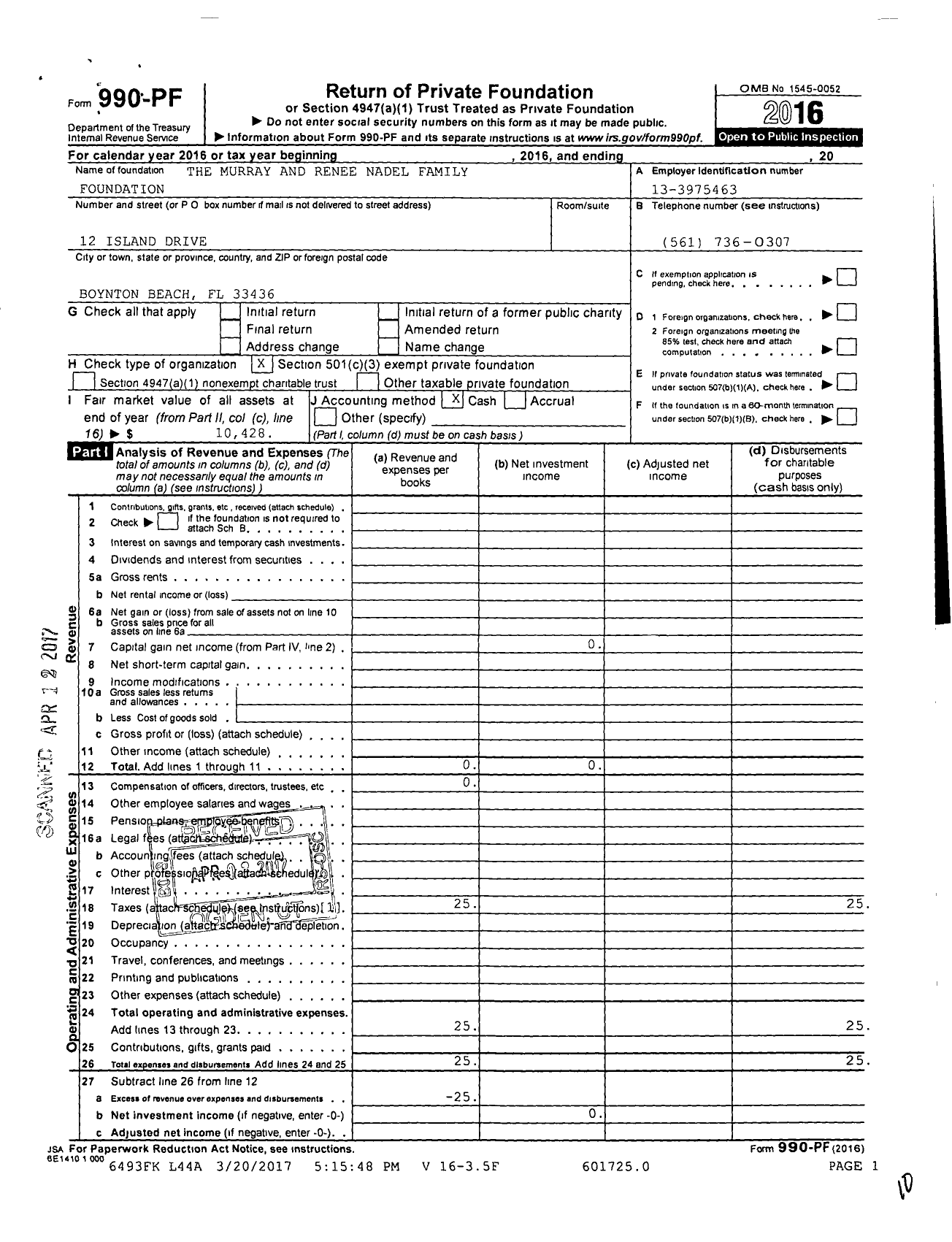 Image of first page of 2016 Form 990PF for The Murray and Renee Nadel Family Foundation