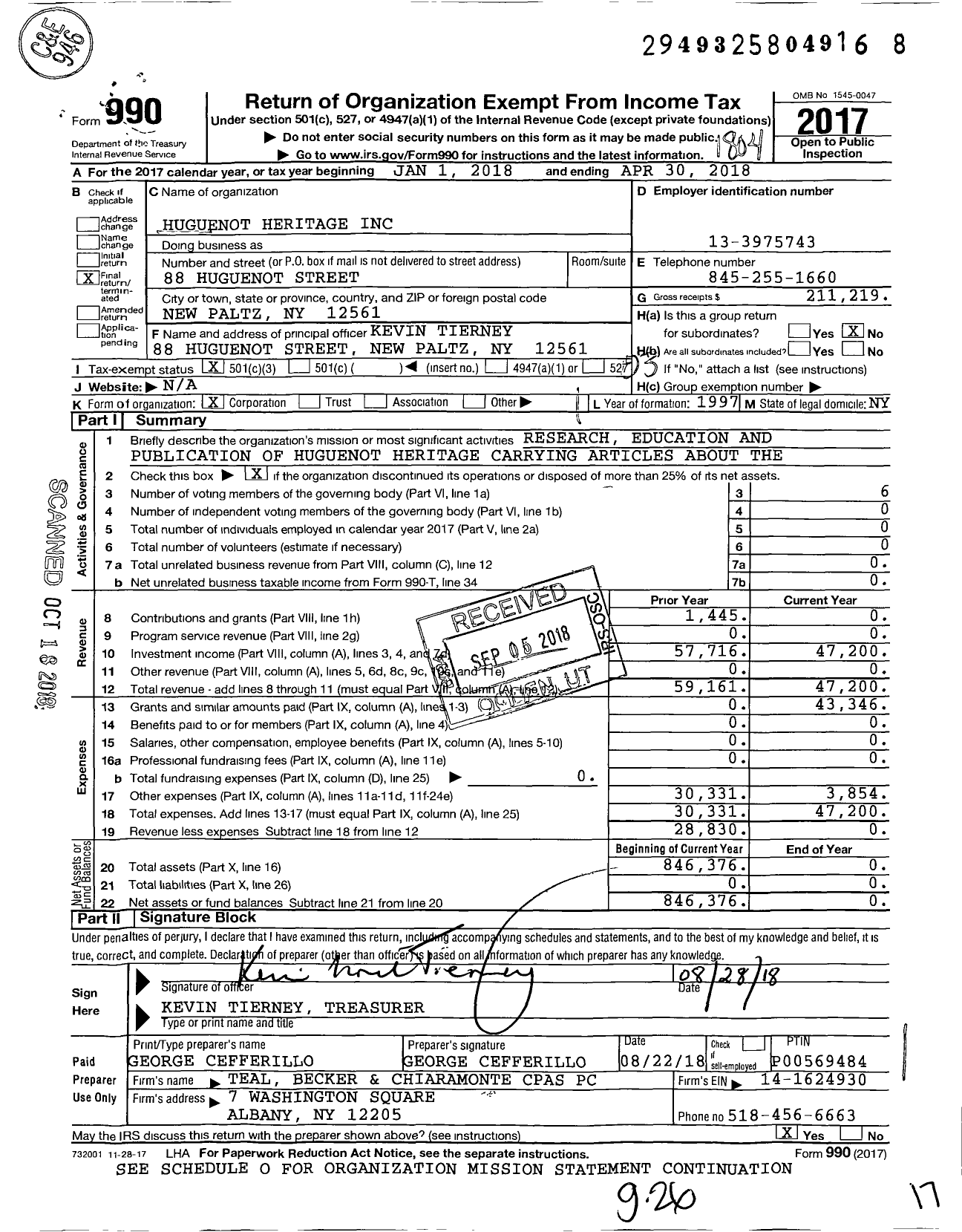 Image of first page of 2017 Form 990 for Huguenot Heritage