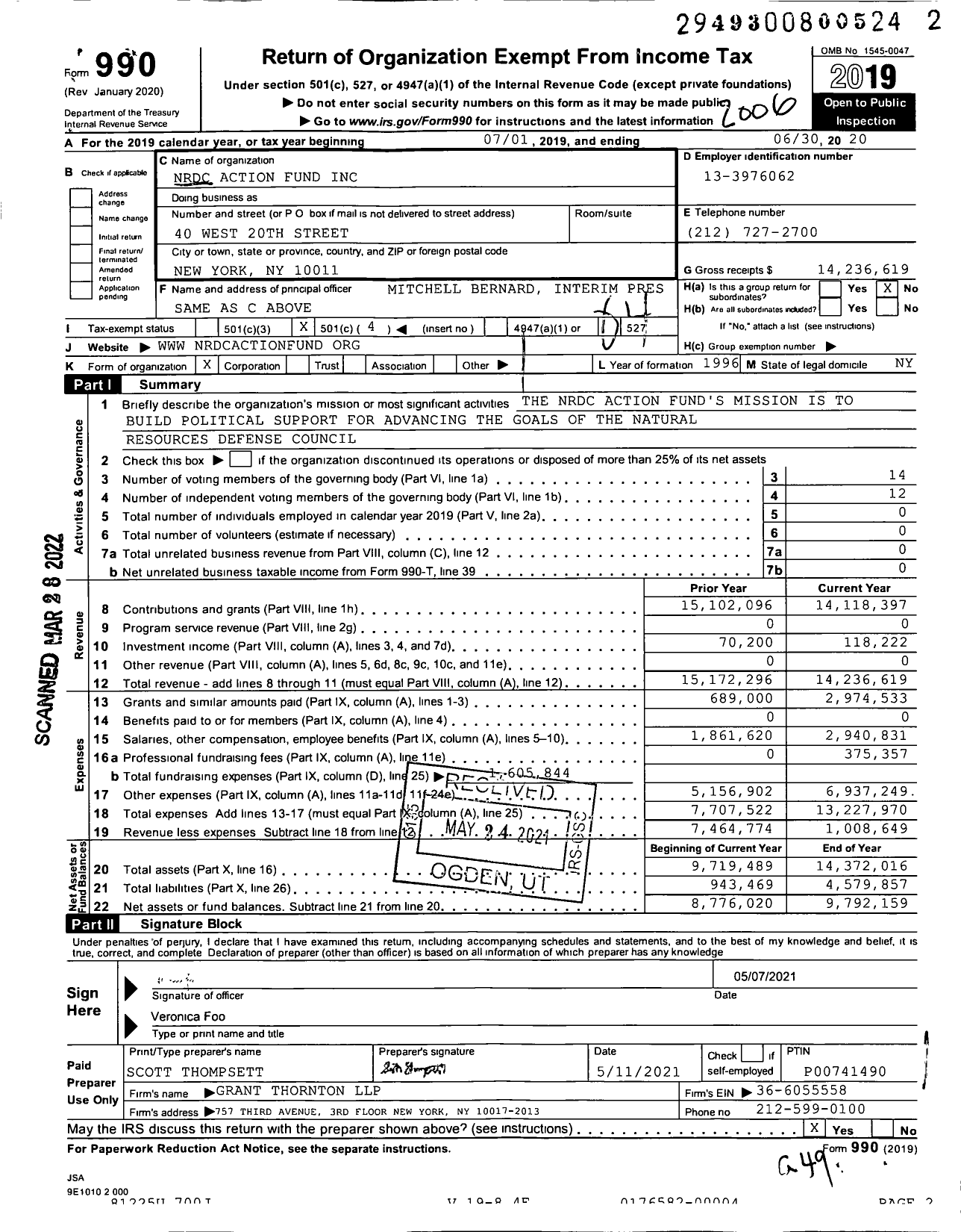 Image of first page of 2019 Form 990O for NRDC Action Fund