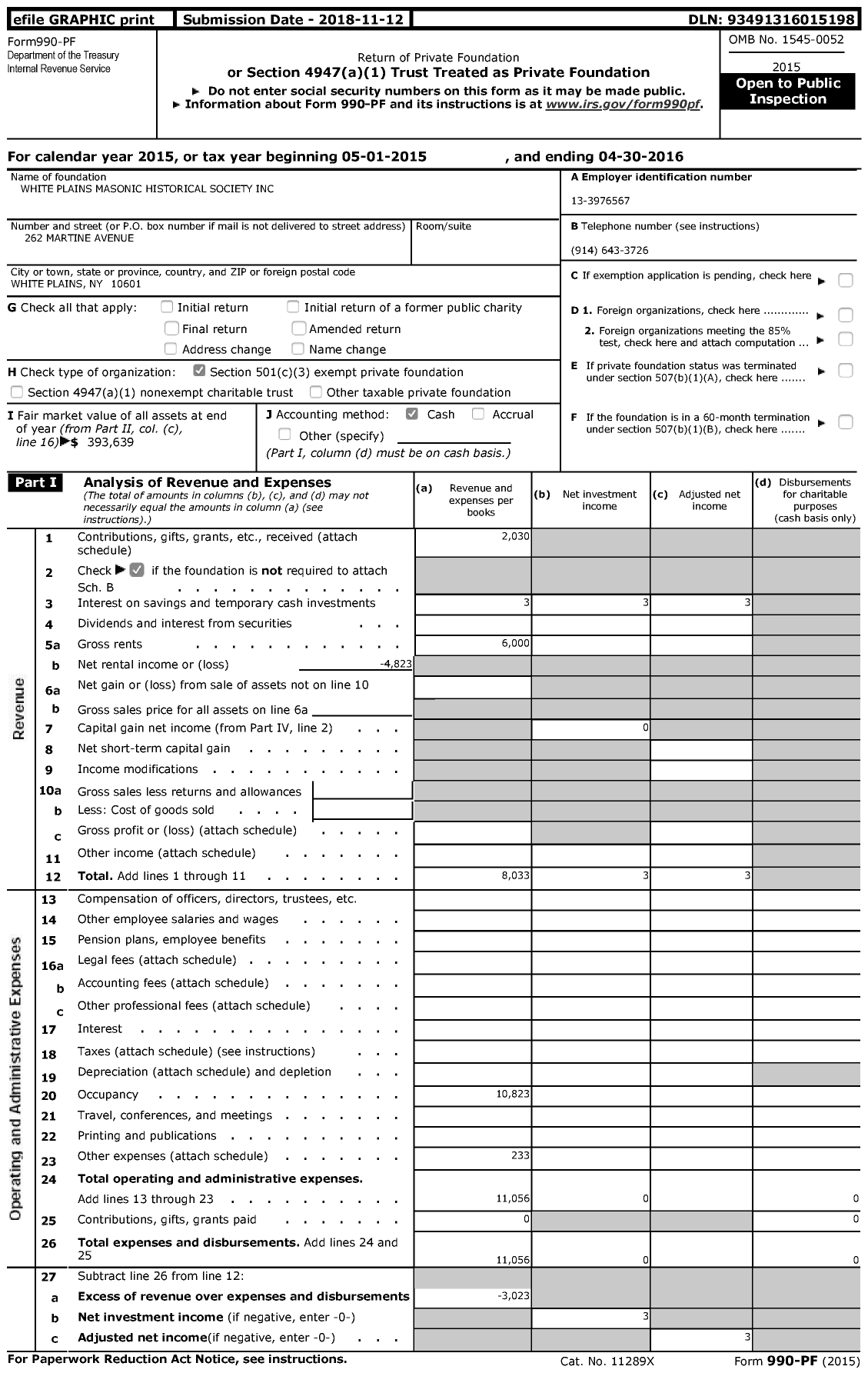 Image of first page of 2015 Form 990PF for White Plains Masonic Historical Society