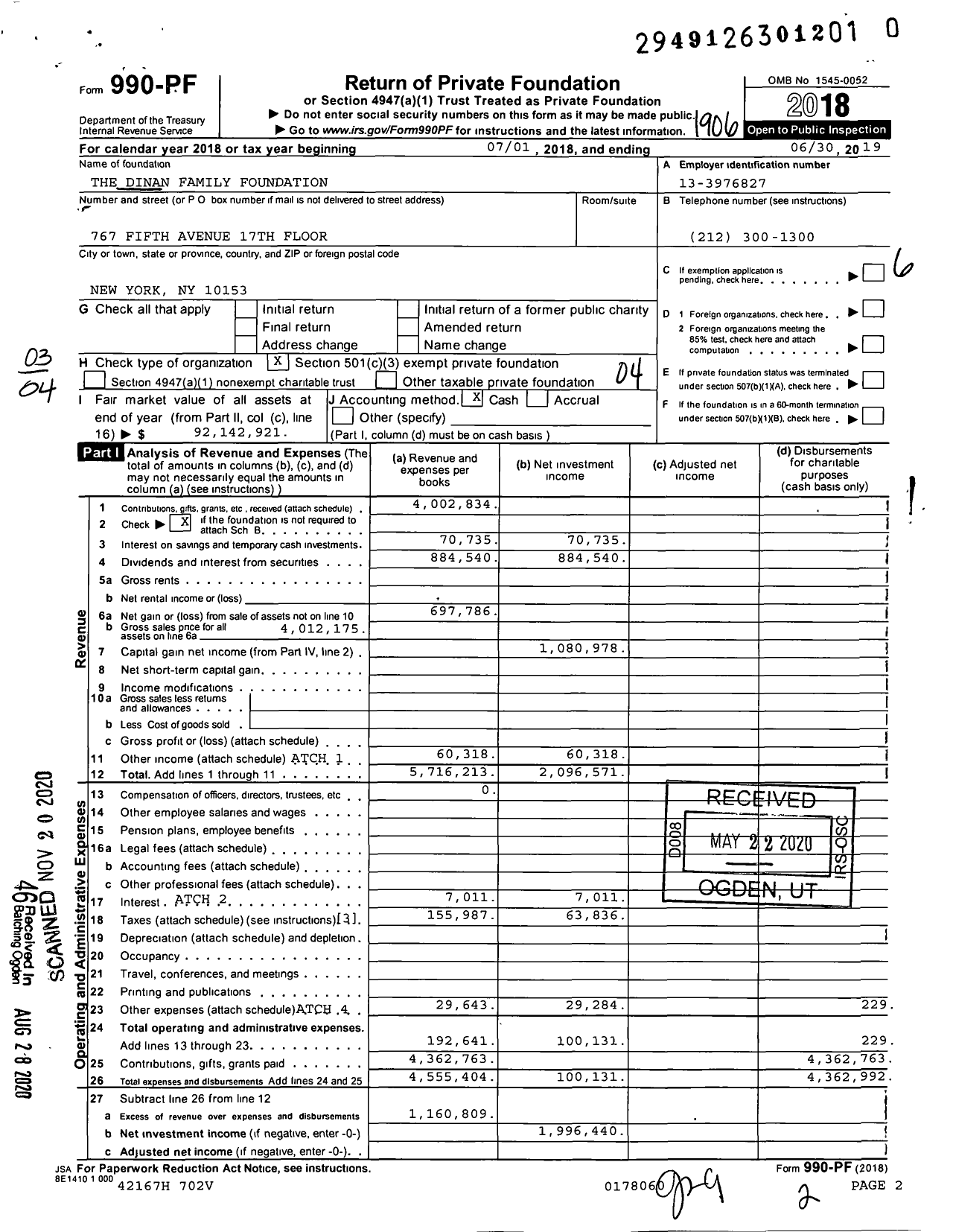 Image of first page of 2018 Form 990PF for Dinan Family Foundation
