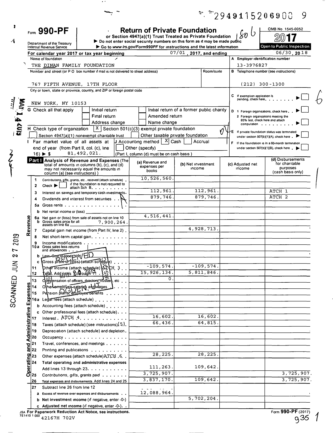 Image of first page of 2017 Form 990PF for Dinan Family Foundation