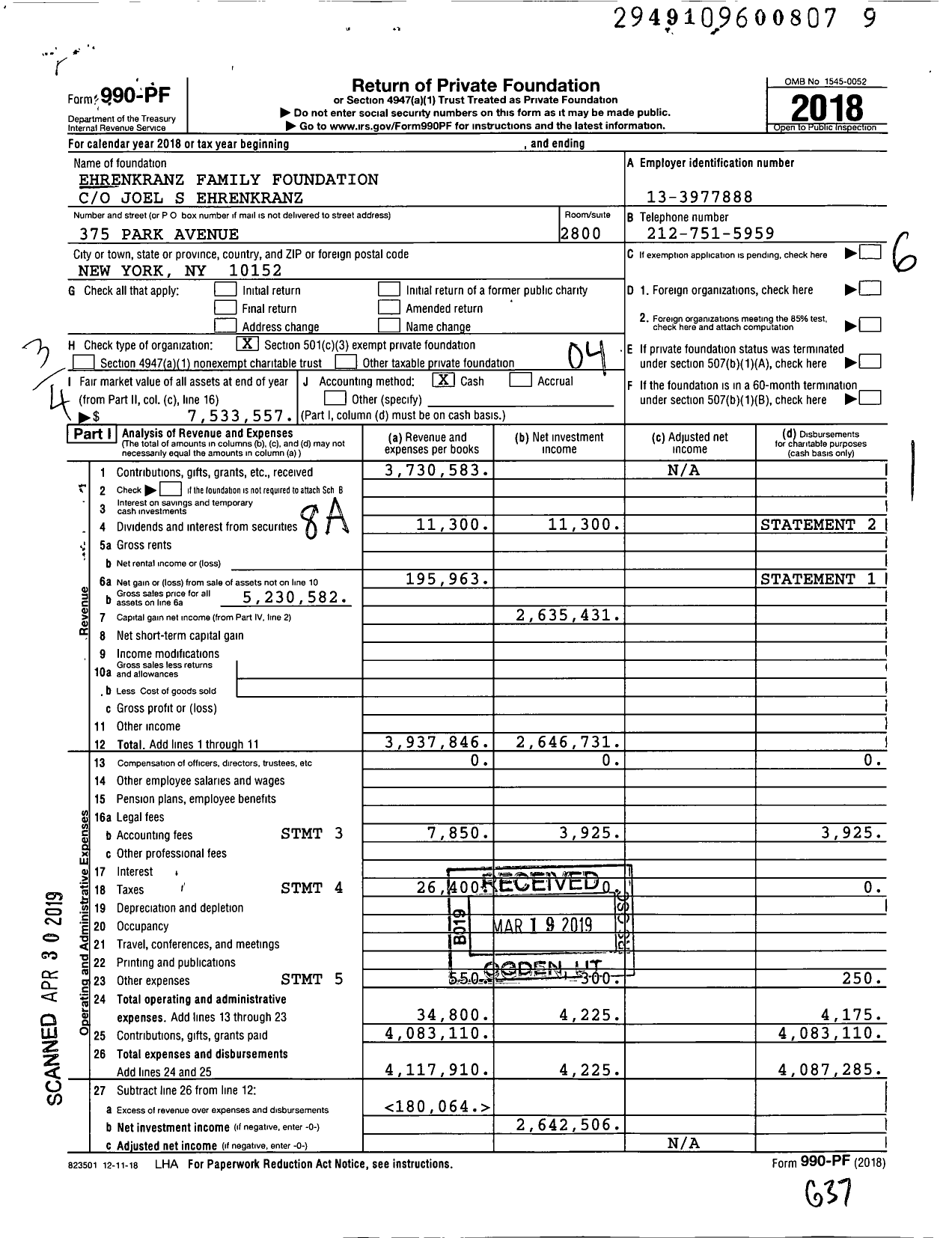 Image of first page of 2018 Form 990PF for Ehrenkranz Family Foundation