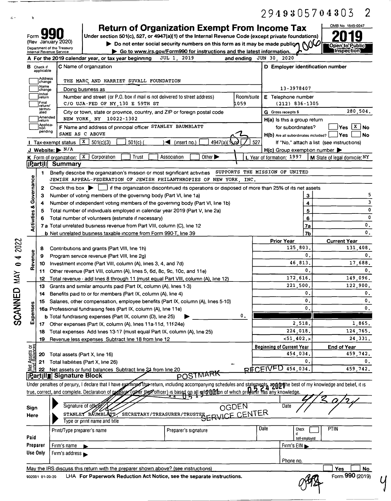 Image of first page of 2019 Form 990 for The Marc and Harriet Suvall Foundation