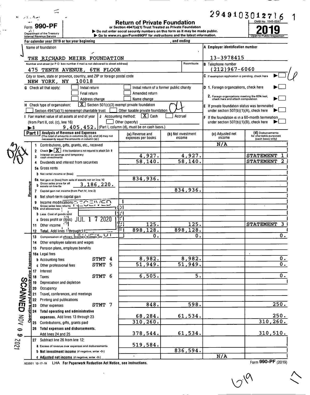 Image of first page of 2019 Form 990PF for The Richard Meier Foundation