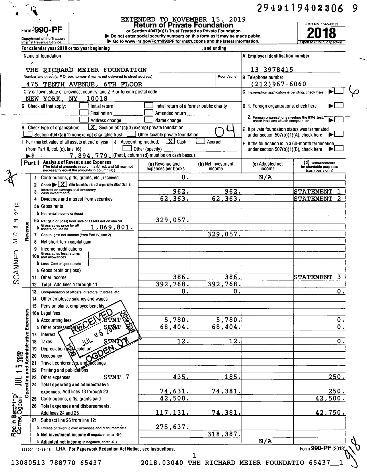 Image of first page of 2018 Form 990PF for The Richard Meier Foundation