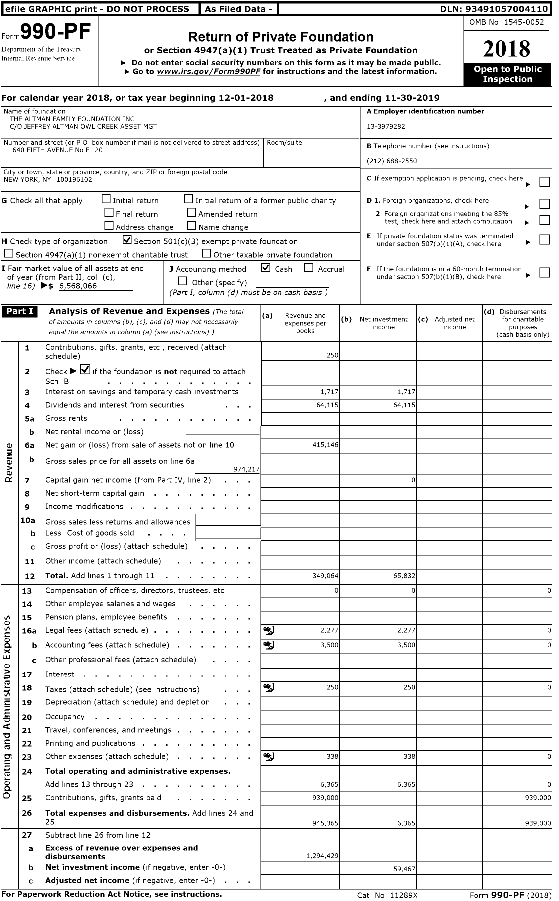 Image of first page of 2018 Form 990PR for The Altman Family Foundation