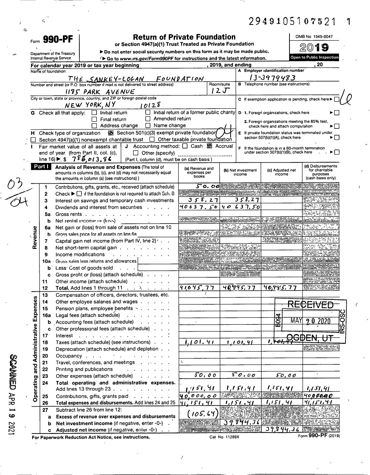 Image of first page of 2019 Form 990PF for Sankey Logan Foundation