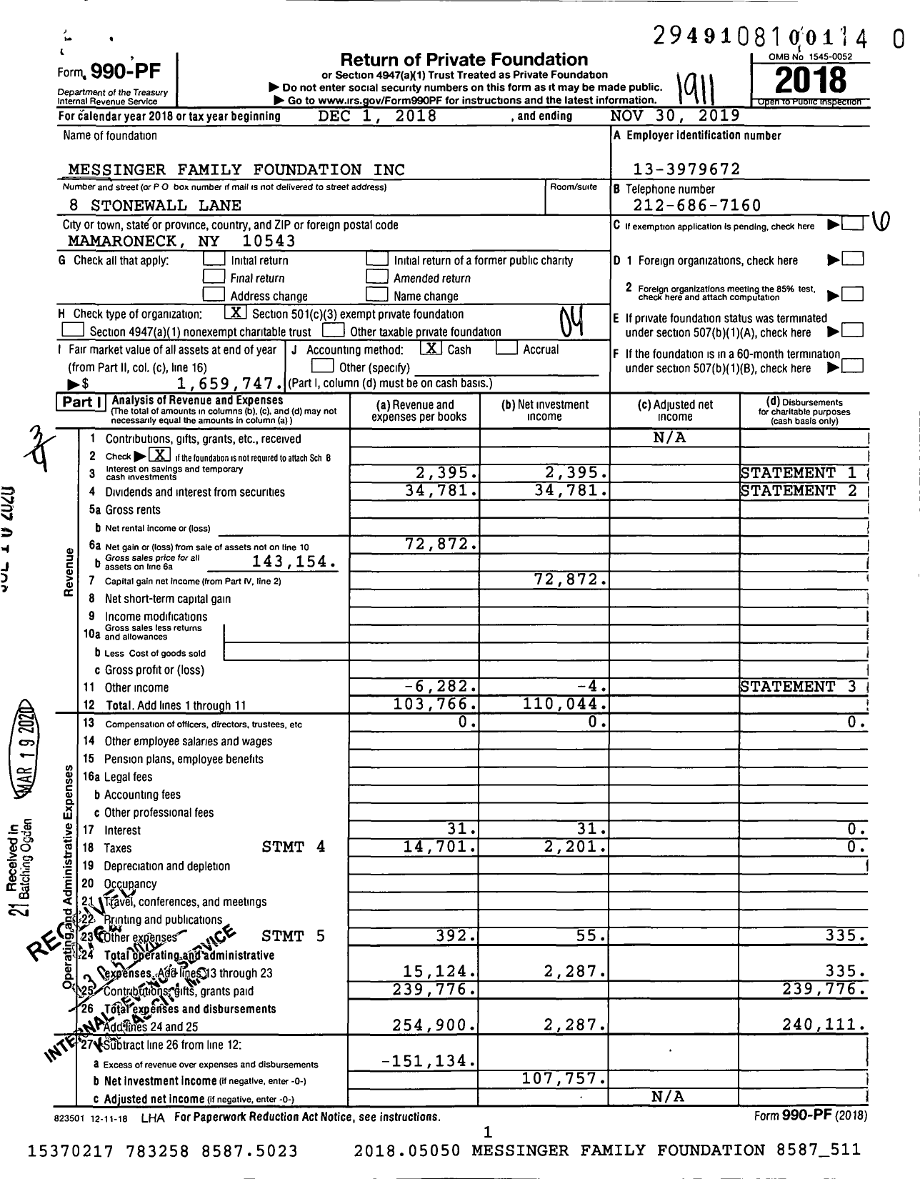 Image of first page of 2018 Form 990PR for Messinger Family Foundation