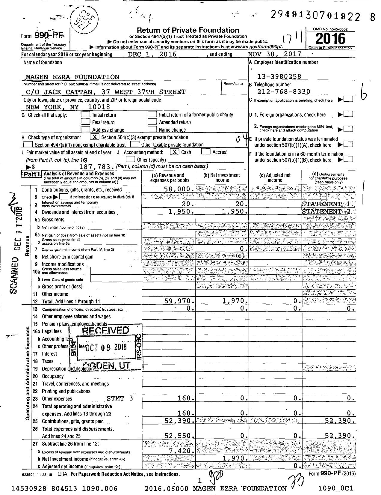 Image of first page of 2016 Form 990PF for Magen Ezra Foundation