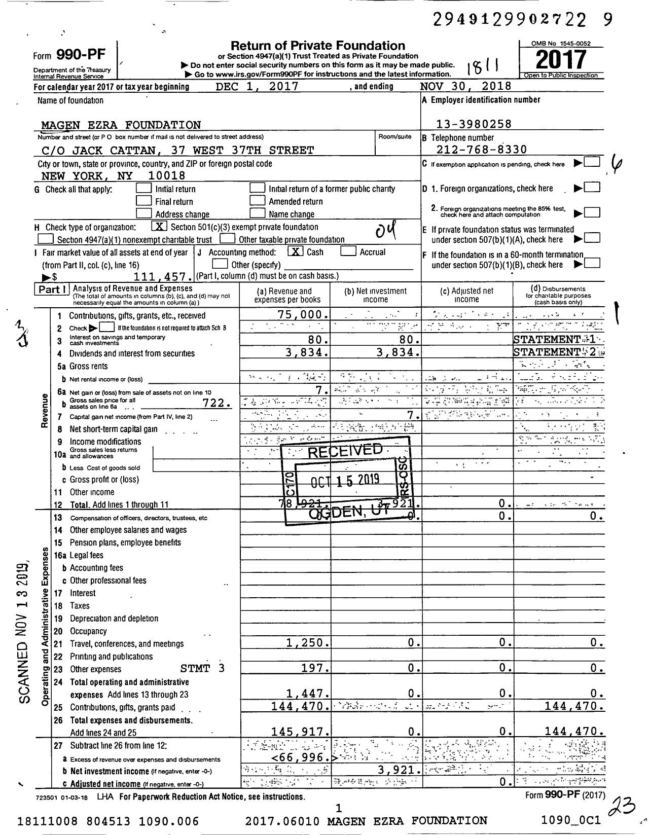 Image of first page of 2017 Form 990PF for Magen Ezra Foundation