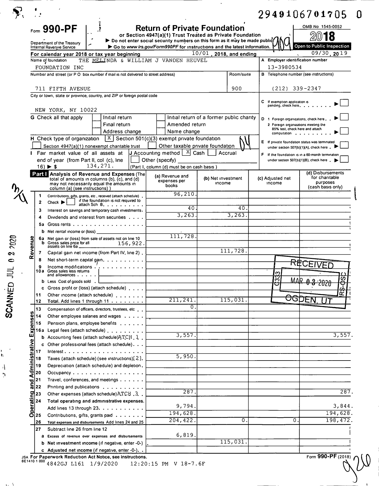 Image of first page of 2018 Form 990PR for The Melinda and William J Vanden Heuvel Foundation