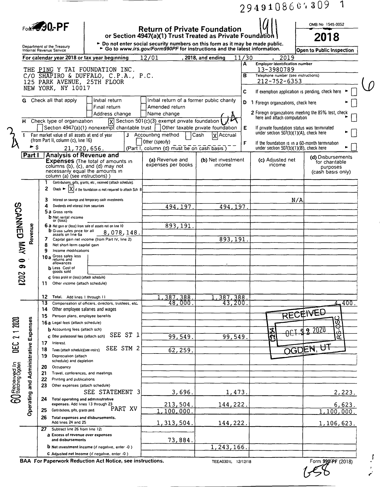 Image of first page of 2018 Form 990PF for The Ping Y Tai Foundation