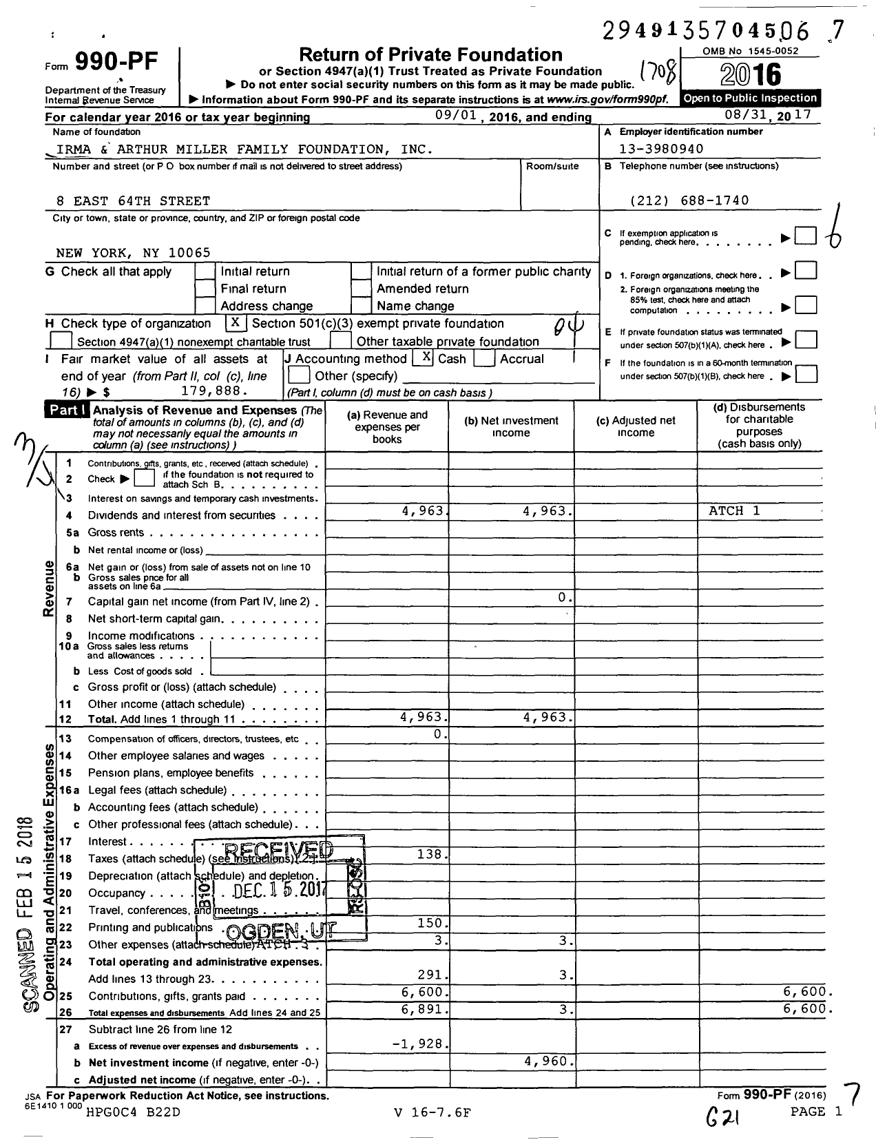 Image of first page of 2016 Form 990PF for Irma and Arthur Miller Family Foundation