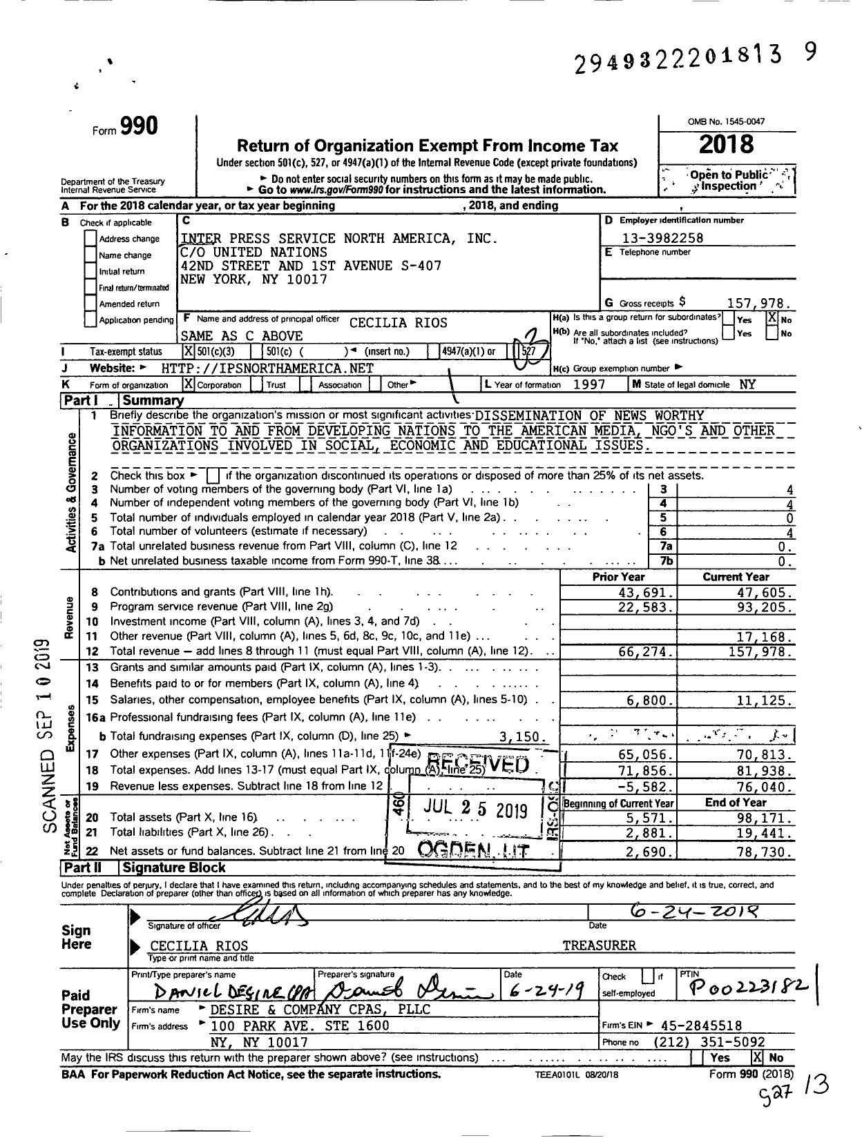 Image of first page of 2018 Form 990 for Inter Press Service North America