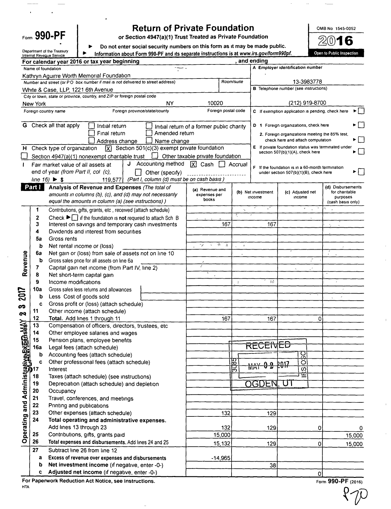 Image of first page of 2016 Form 990PF for Kathryn Aguirre Worth Memorial Foundation