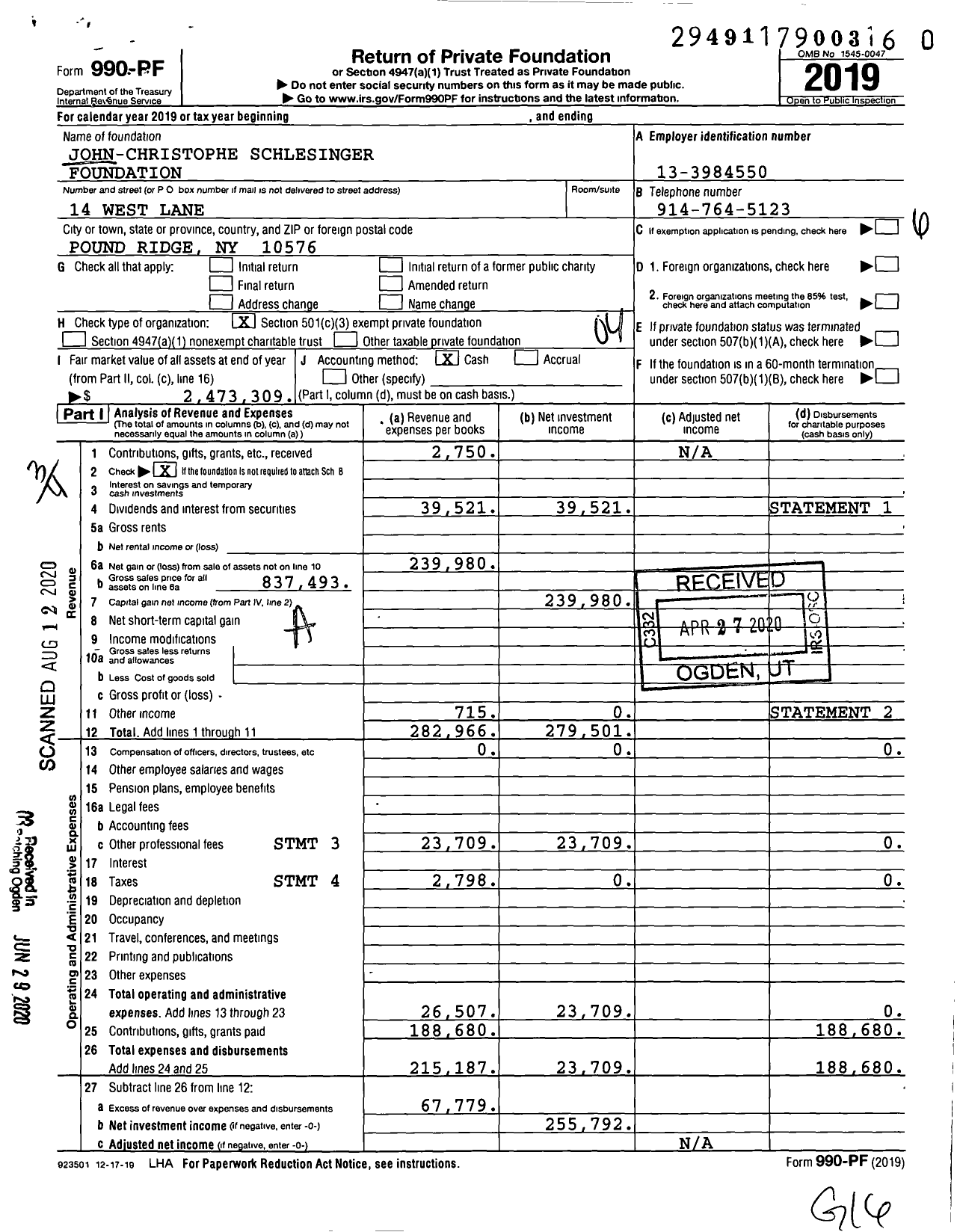 Image of first page of 2019 Form 990PR for John-Christophe Schlesinger Foundation