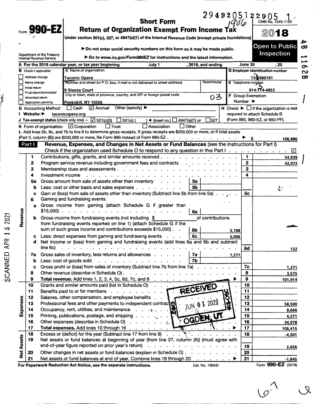 Image of first page of 2018 Form 990EZ for Taconic Opera