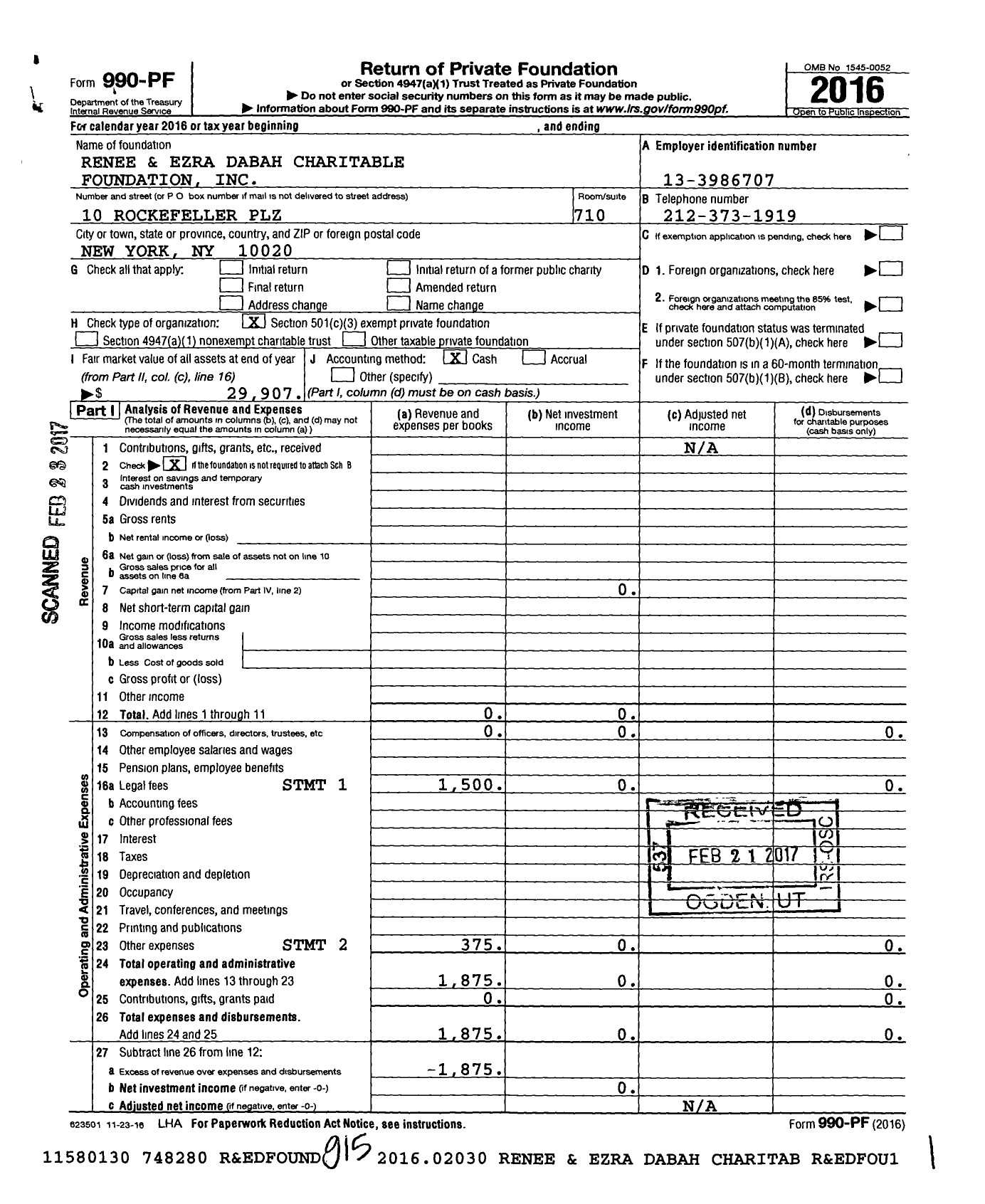 Image of first page of 2016 Form 990PF for Renee and Ezra Dabah Charitable Foundation