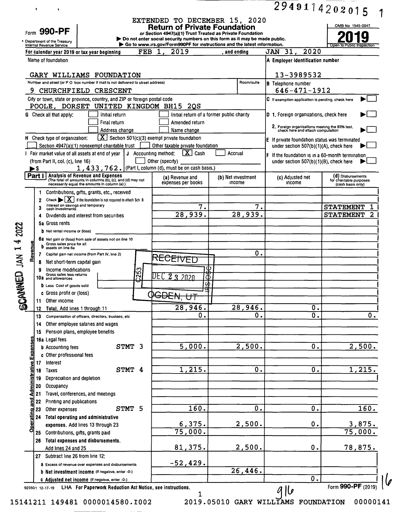 Image of first page of 2019 Form 990PF for Gary Williams Foundation