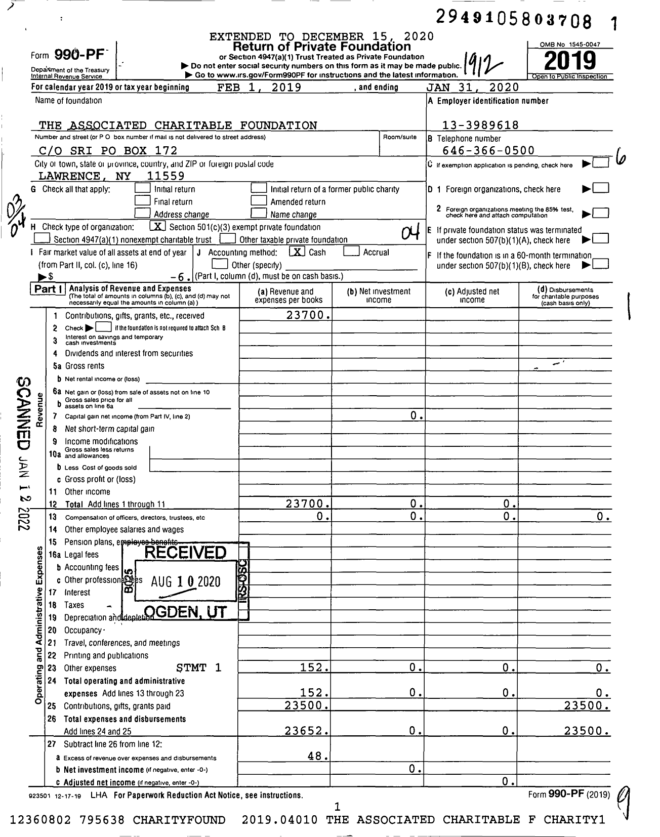 Image of first page of 2019 Form 990PF for The Associated Charitable Foundation