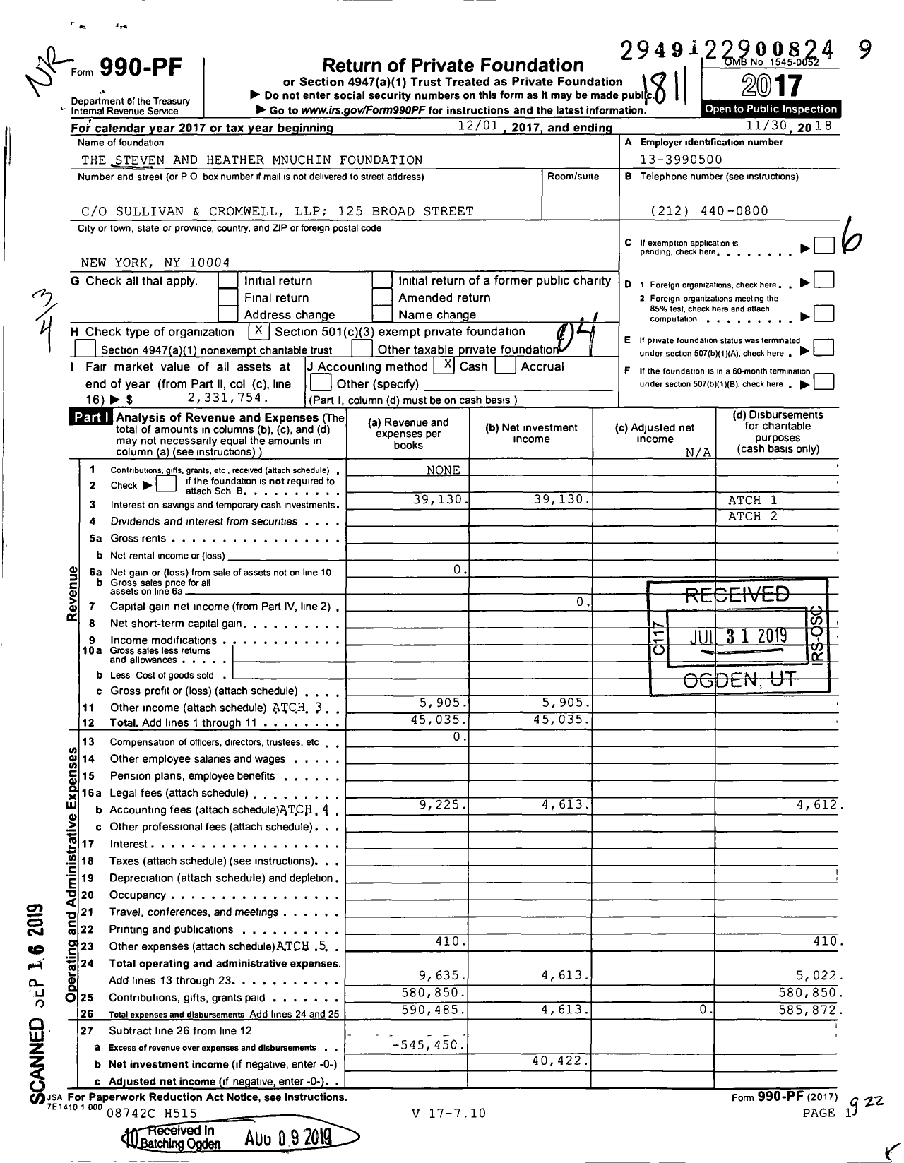 Image of first page of 2017 Form 990PF for The Steven and Heather Mnuchin Foundation