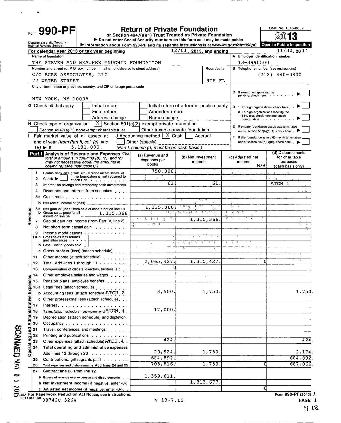 Image of first page of 2013 Form 990PF for The Steven and Heather Mnuchin Foundation