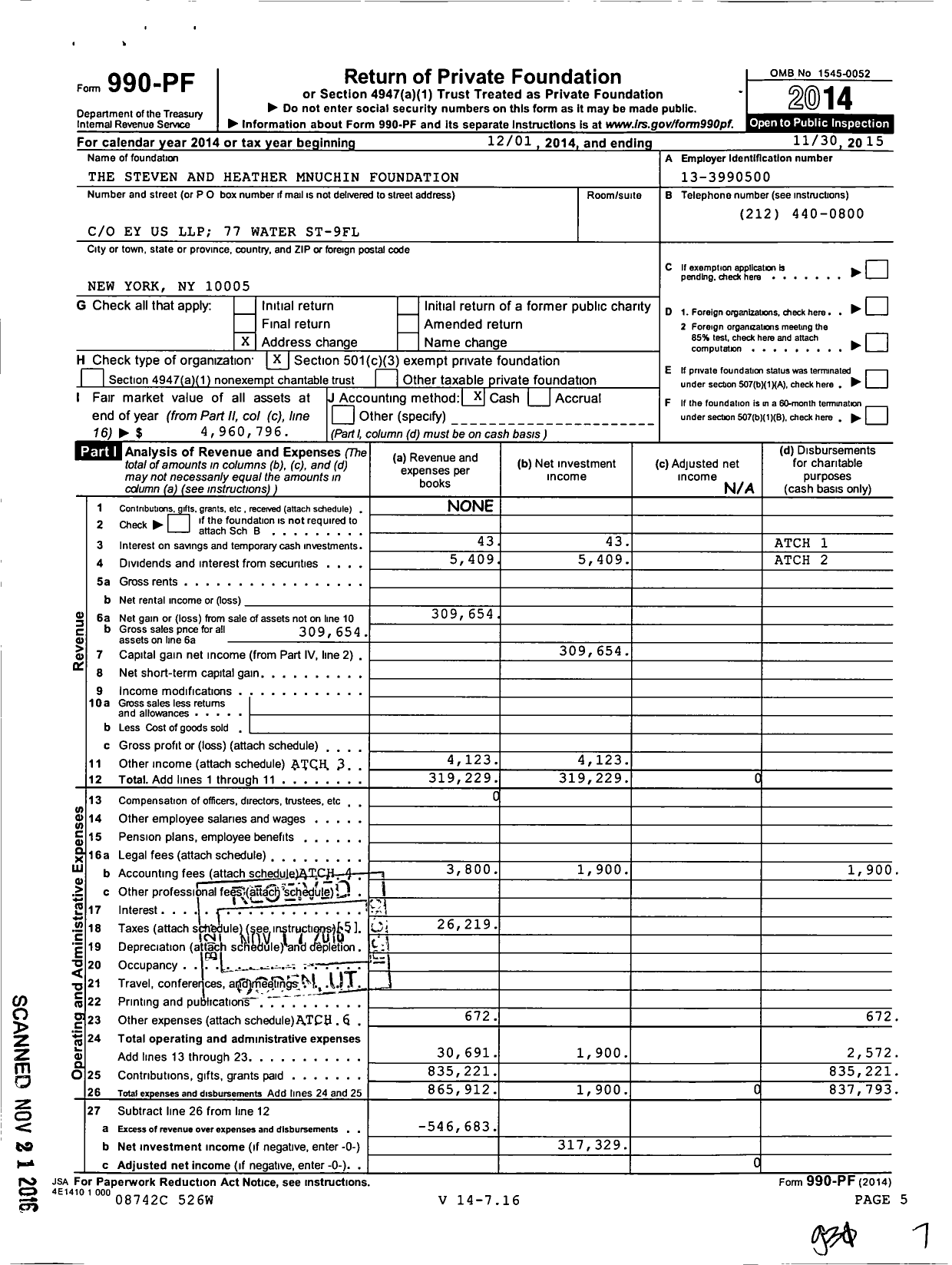 Image of first page of 2014 Form 990PF for The Steven and Heather Mnuchin Foundation