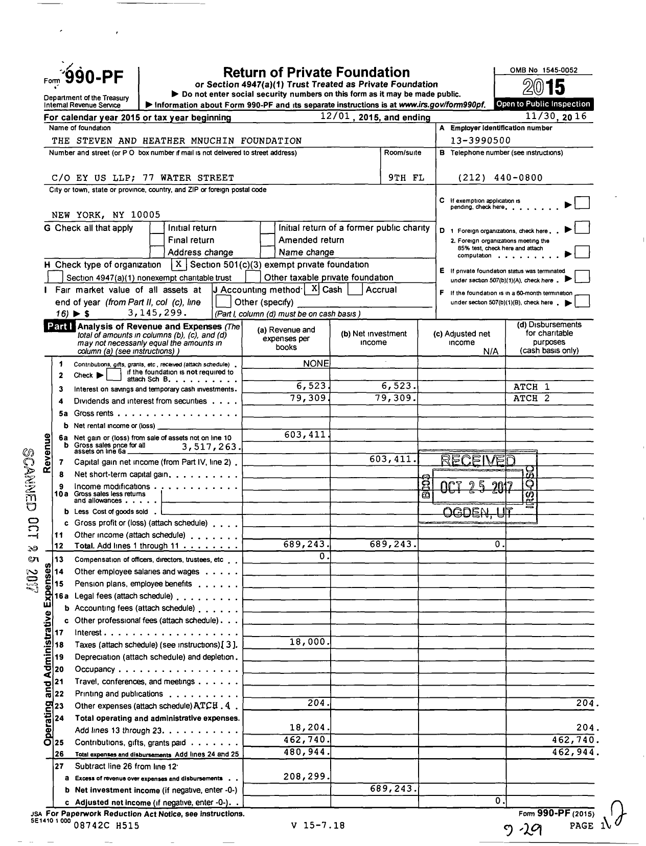 Image of first page of 2015 Form 990PF for The Steven and Heather Mnuchin Foundation