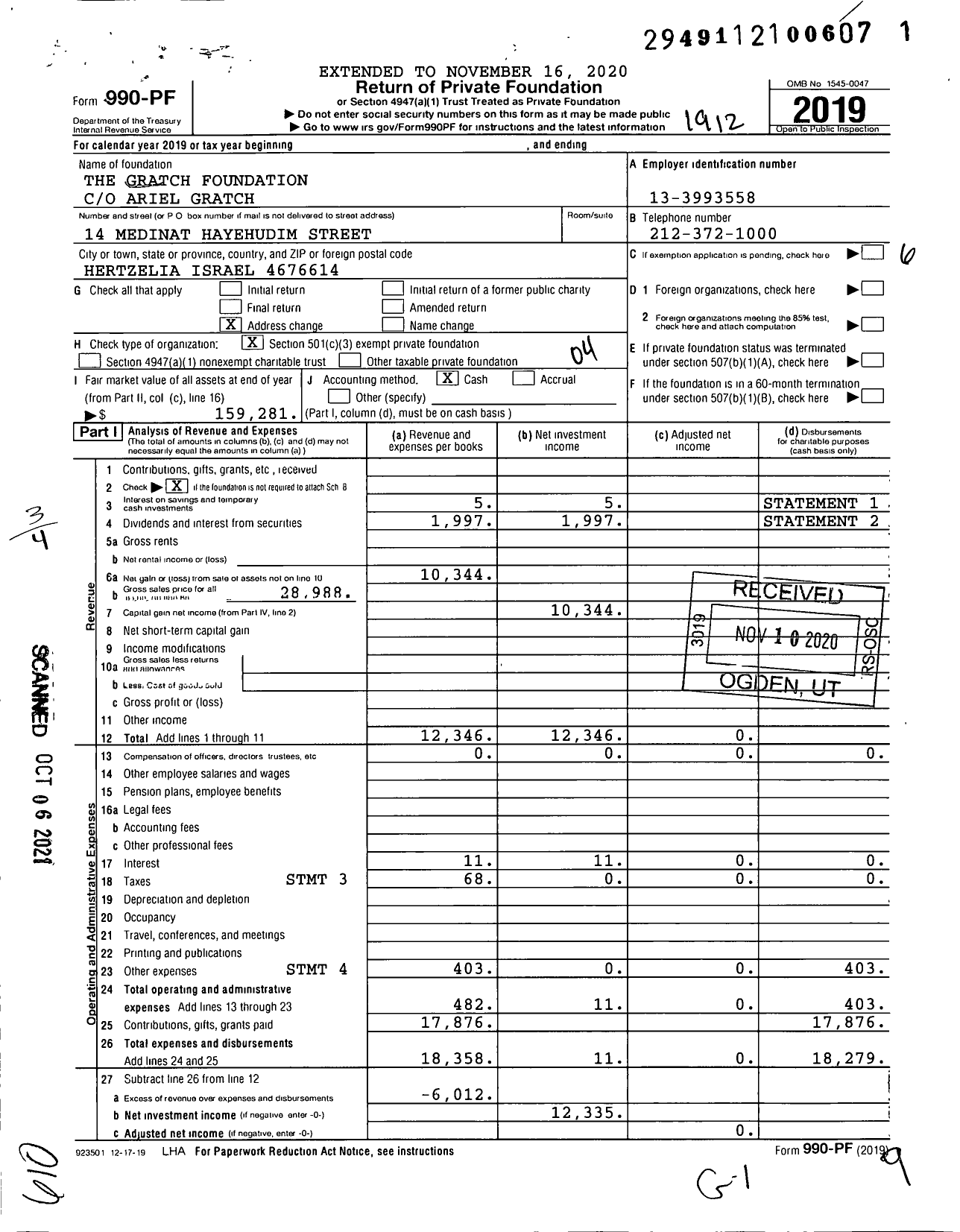 Image of first page of 2019 Form 990PF for The Gratch Foundation