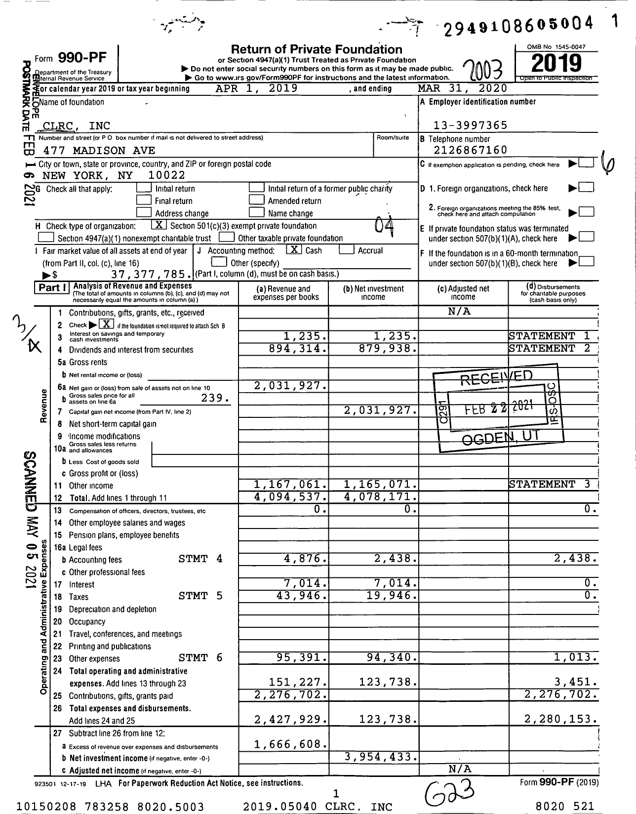 Image of first page of 2019 Form 990PF for CLRC