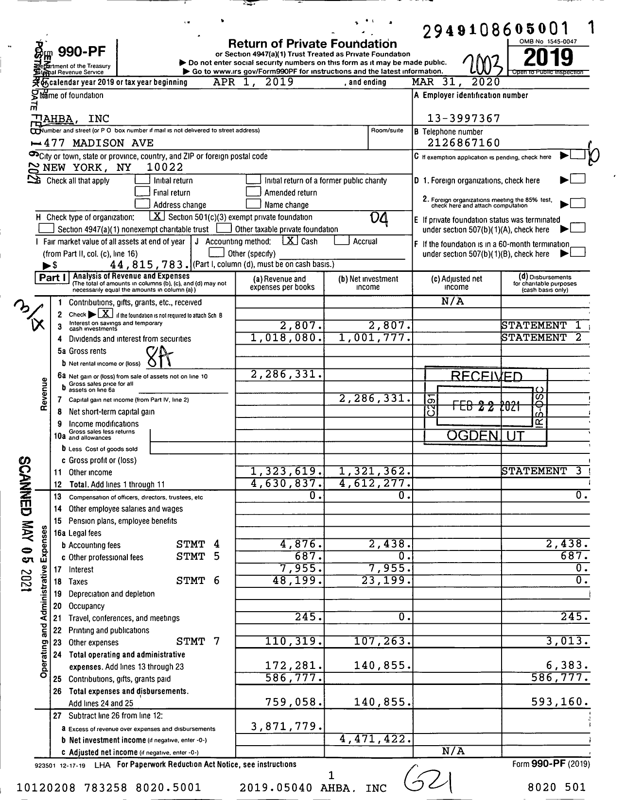 Image of first page of 2019 Form 990PF for Ahba