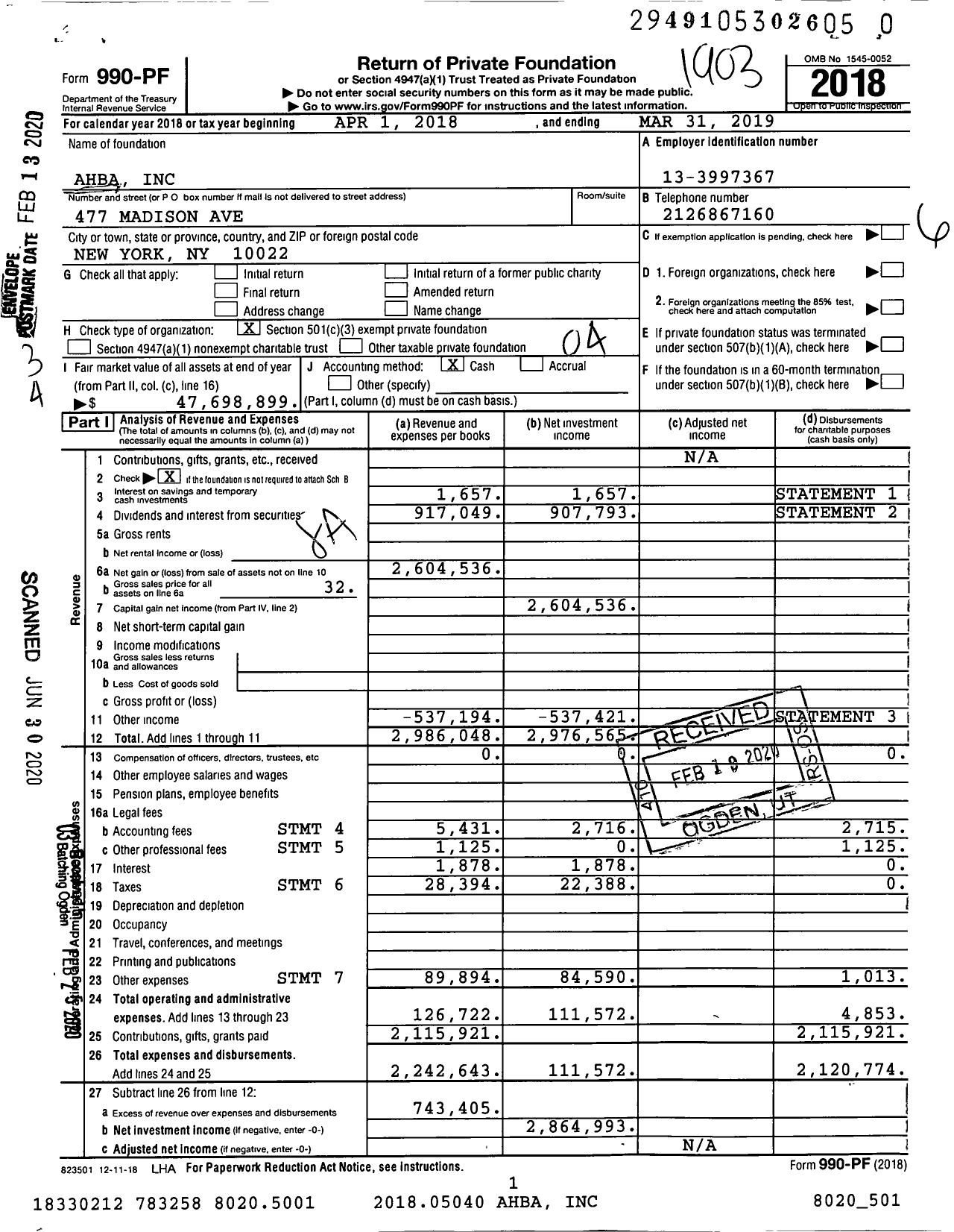 Image of first page of 2018 Form 990PR for Ahba