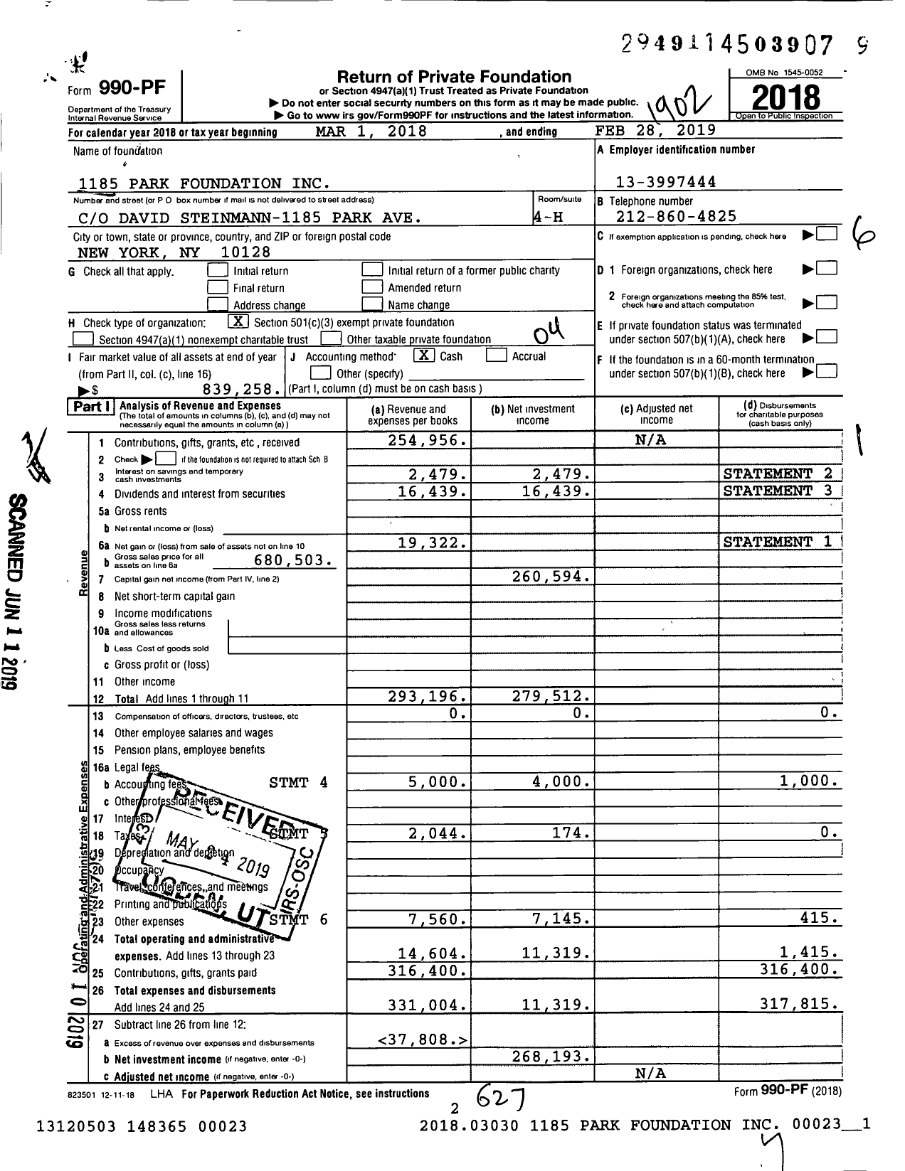 Image of first page of 2018 Form 990PF for 1185 Park Foundation